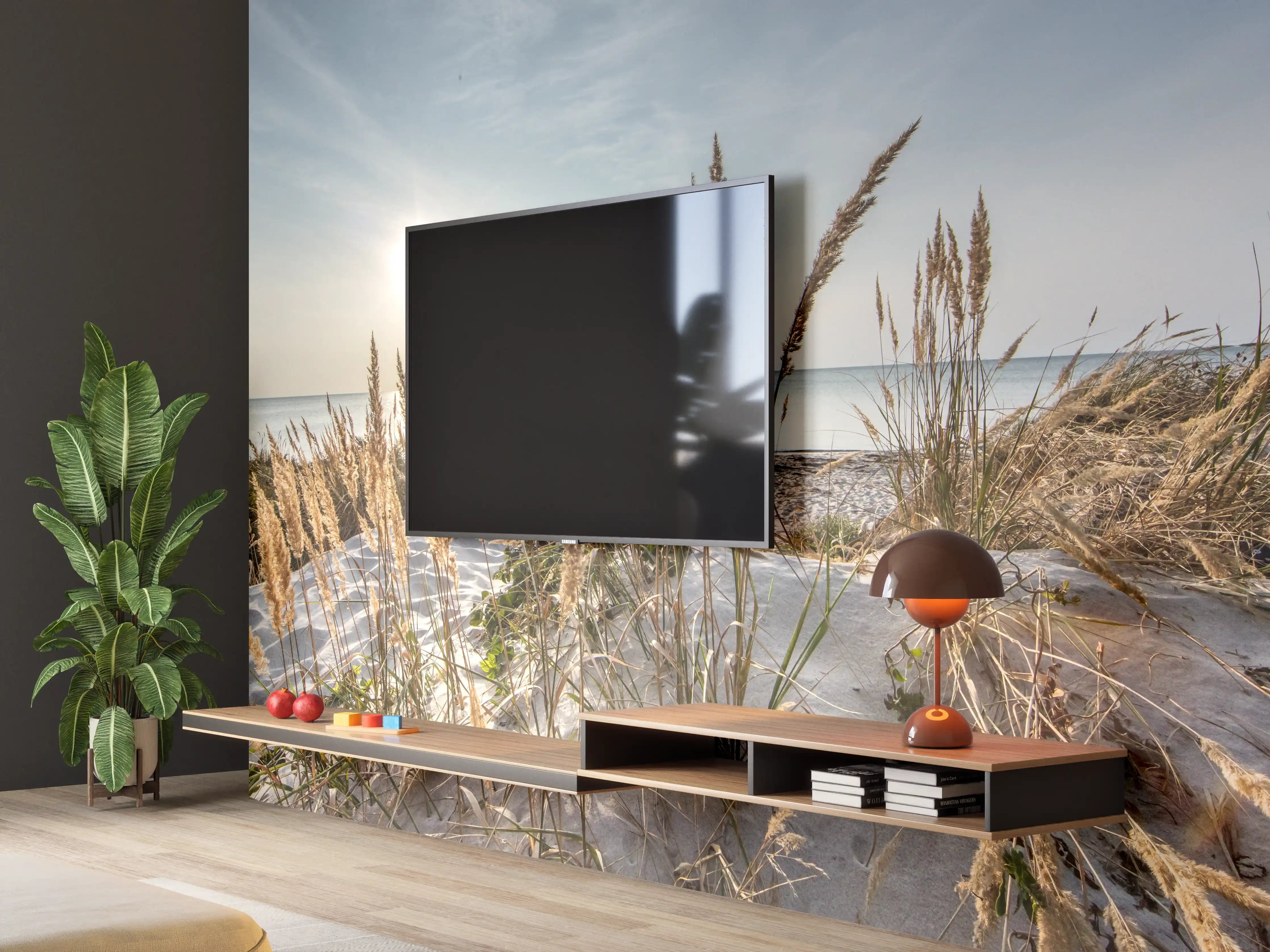 Wandverkleidung Wohnzimmer - Strand, Dünen und Sonnenaufgang in natürlicher Schönheit