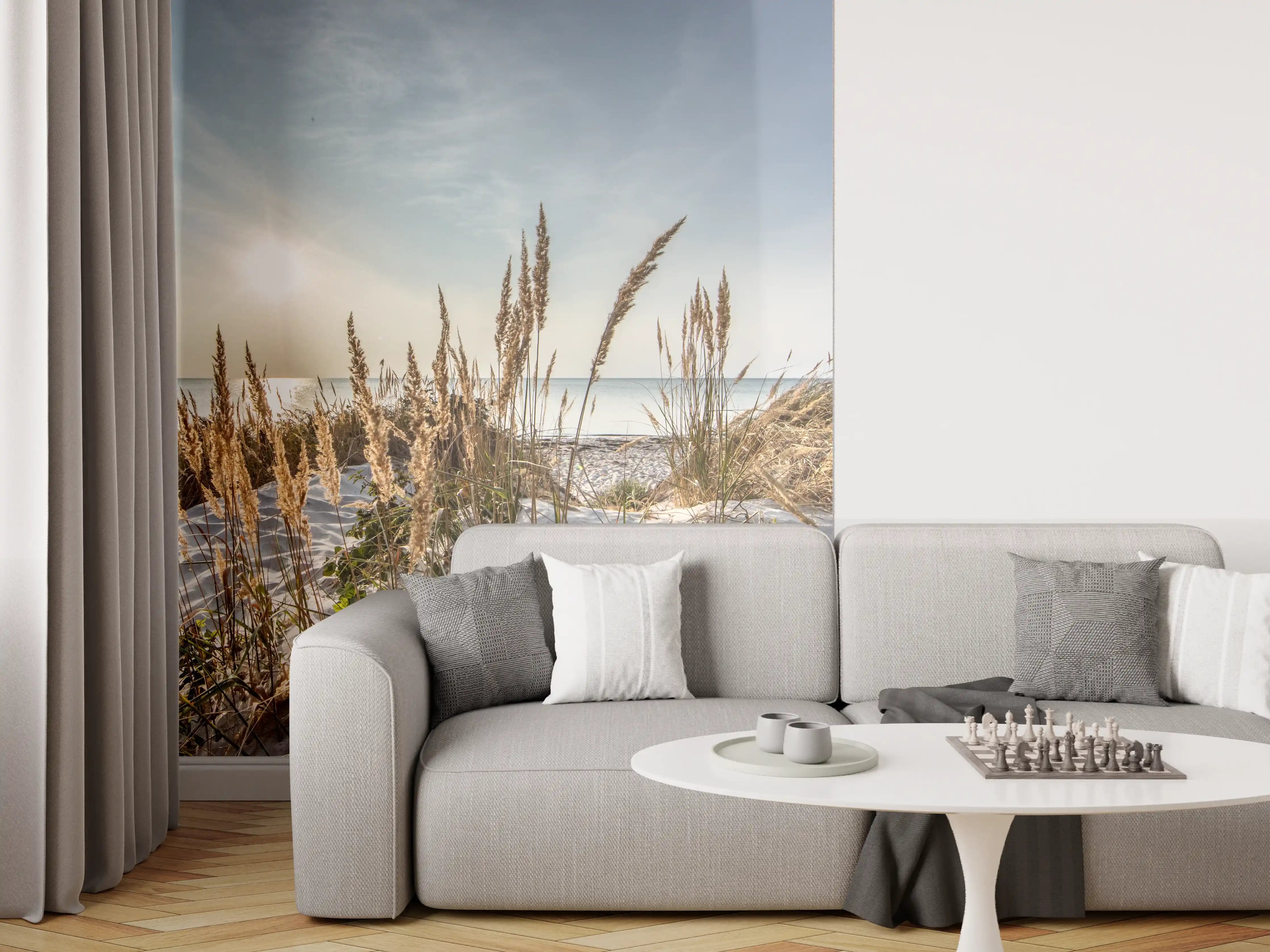 Wandverkleidung Wohnzimmer - Strand, Dünen und Sonnenaufgang in natürlicher Schönheit