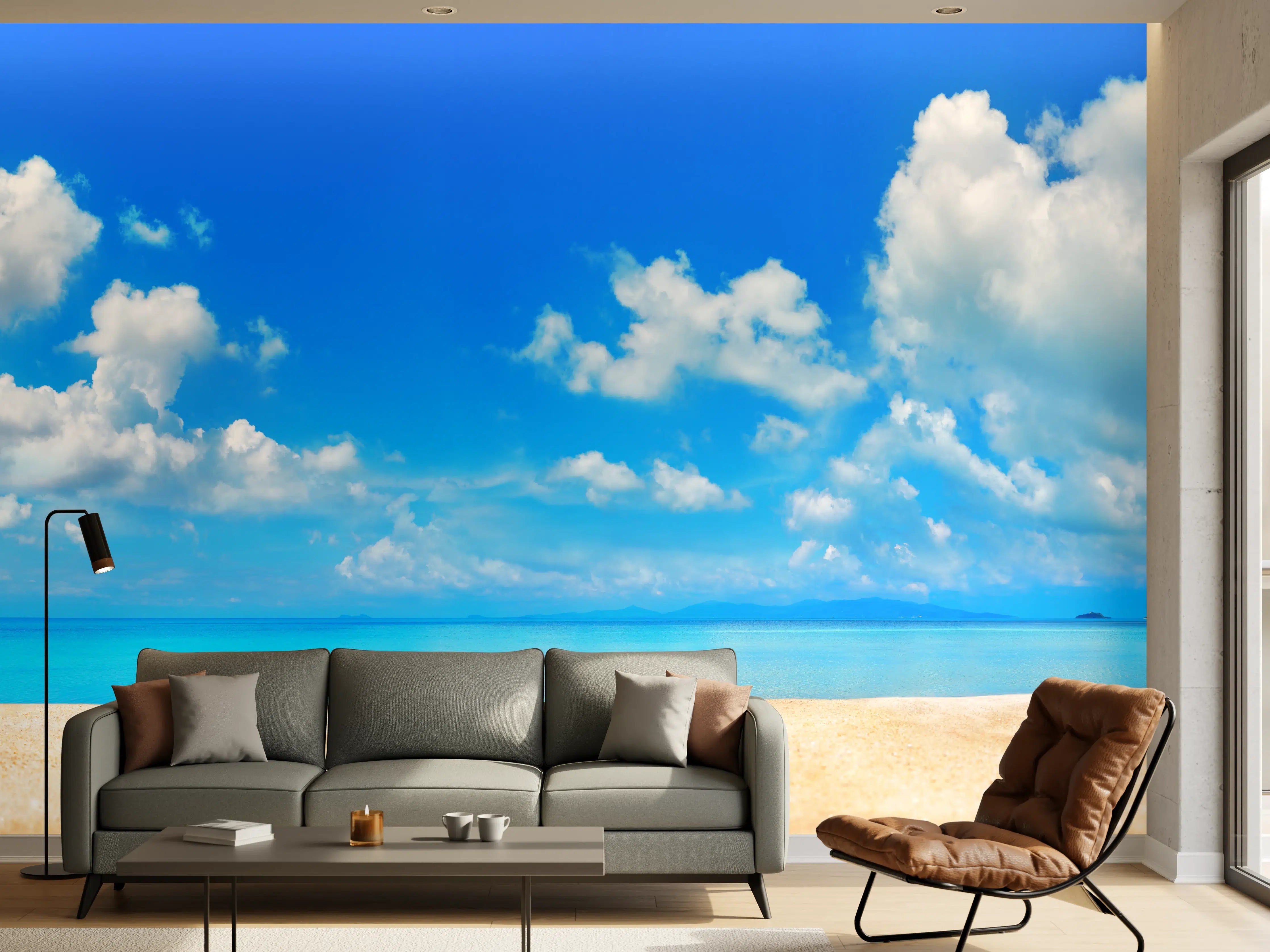 Wandverkleidung Wohnzimmer - Strandlandschaft unter blauem Himmel