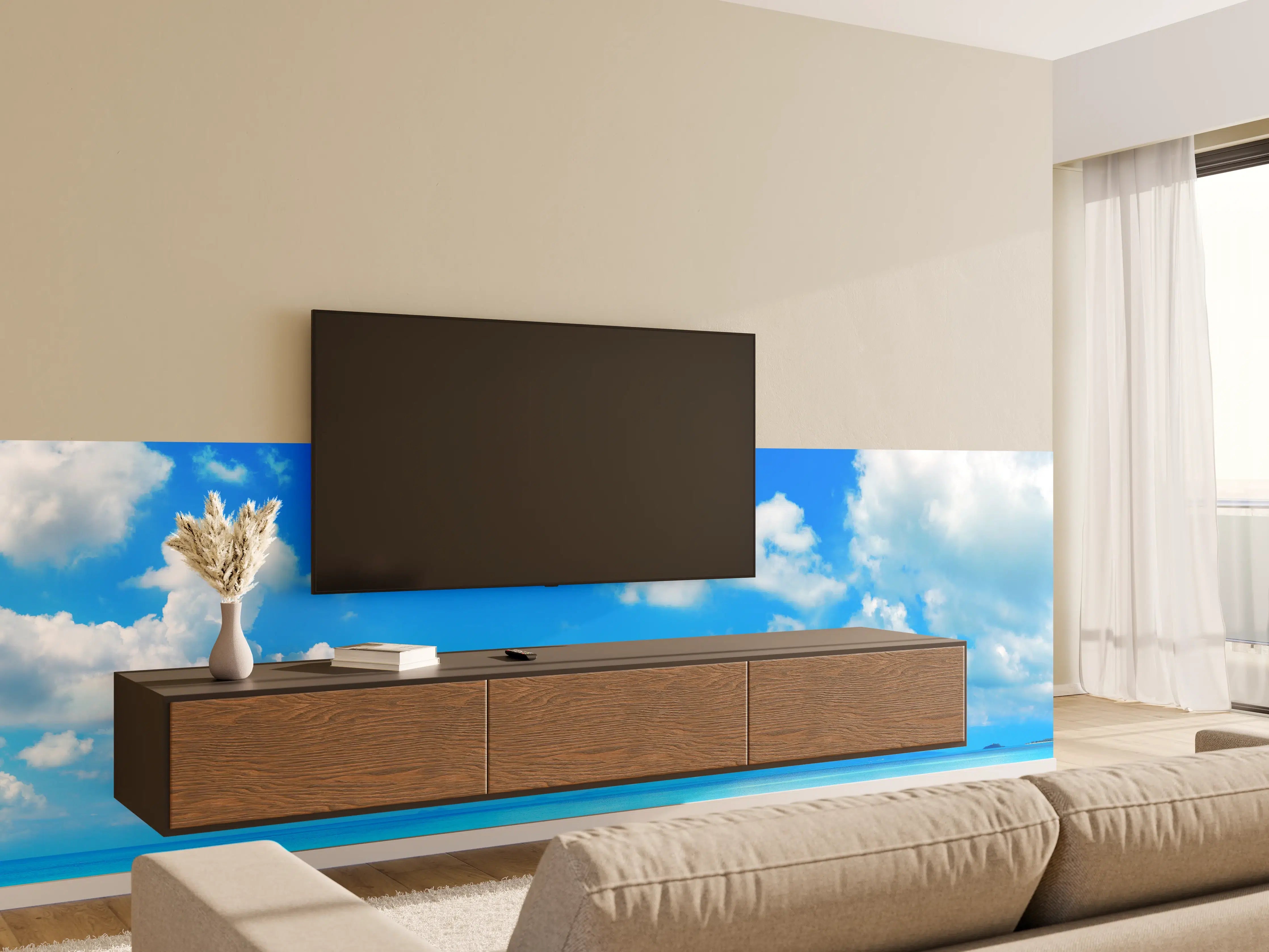 Wandverkleidung Wohnzimmer - Strandlandschaft unter blauem Himmel