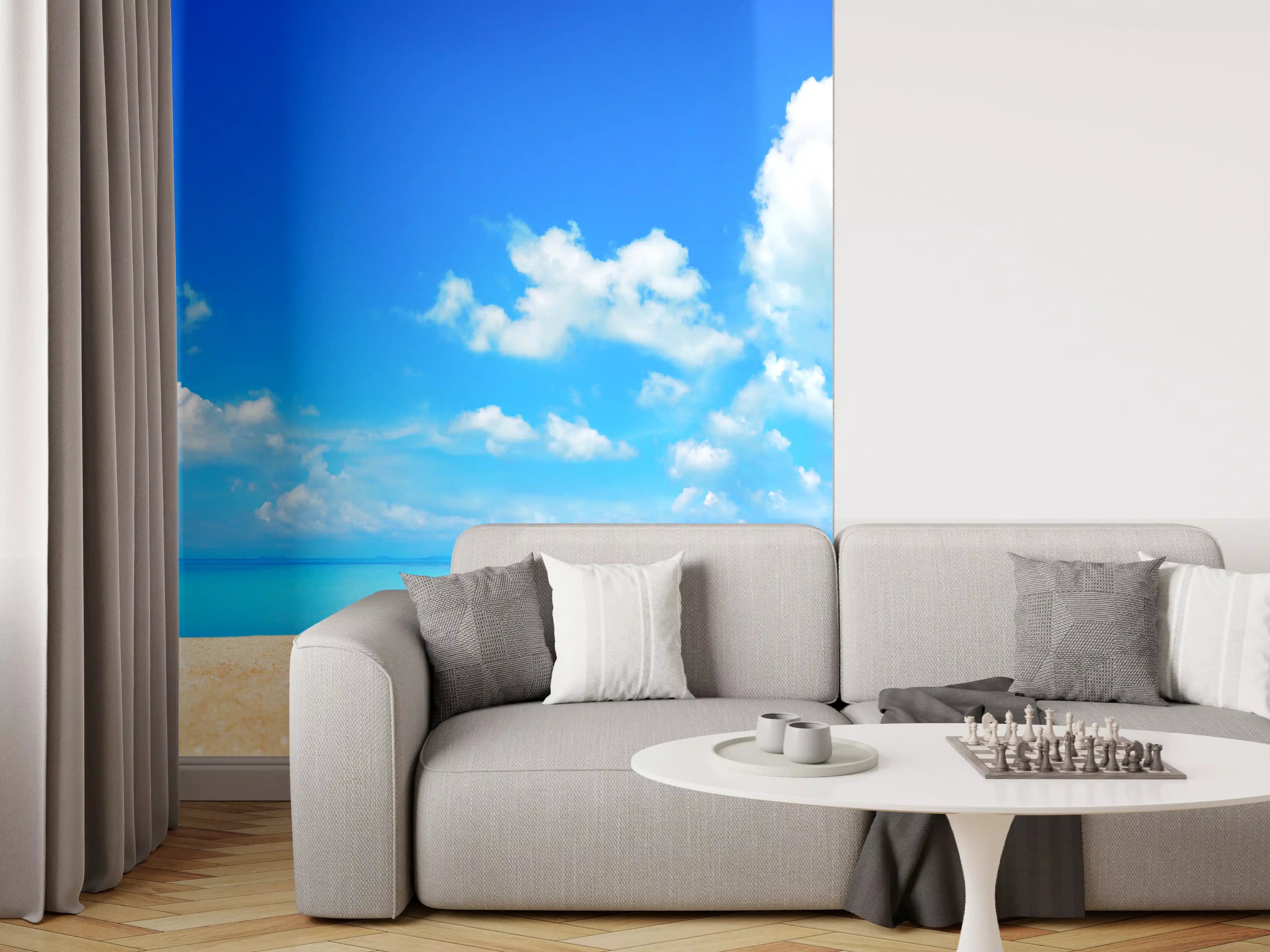 Wandverkleidung Wohnzimmer - Strandlandschaft unter blauem Himmel