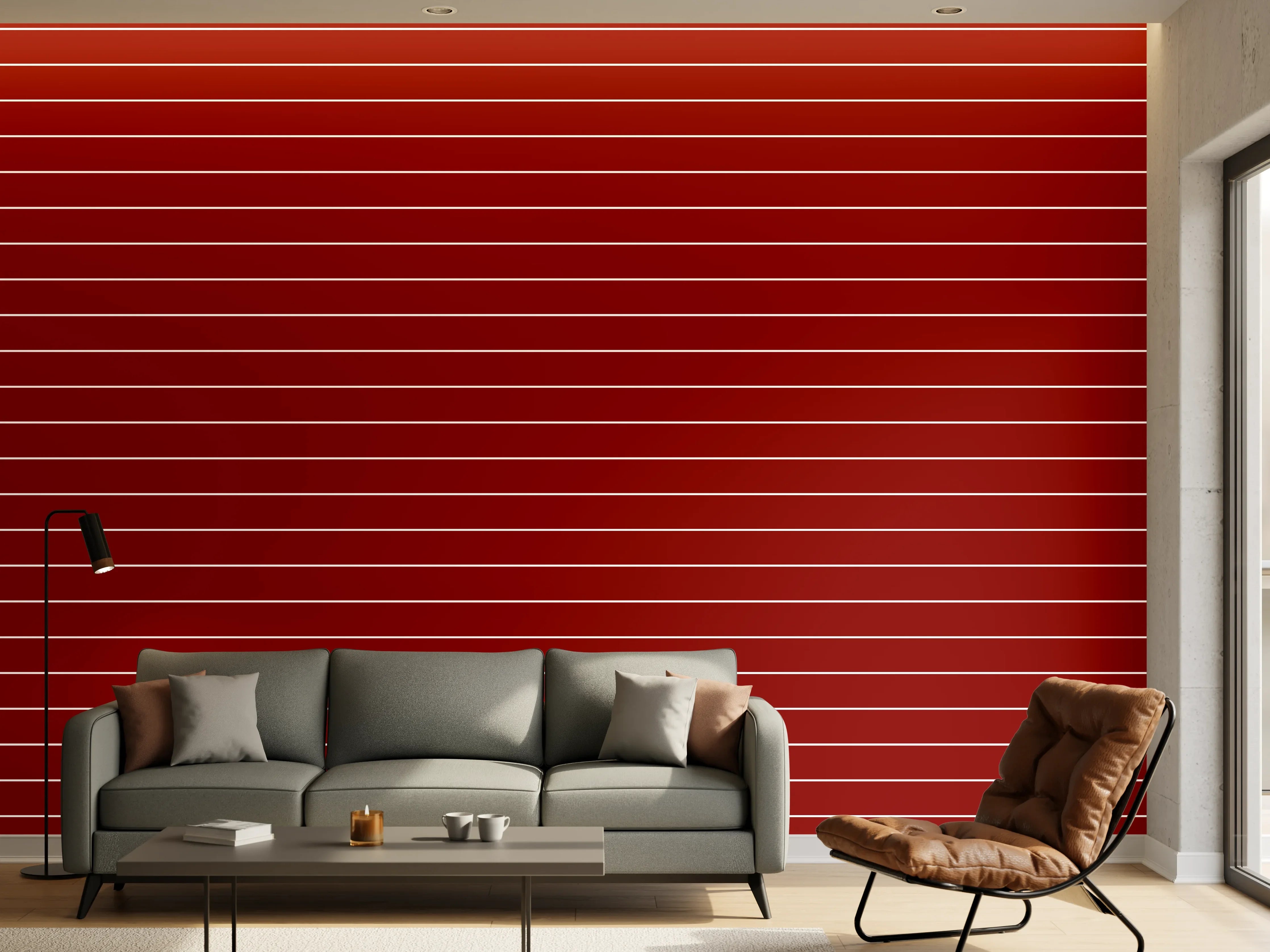 Wandverkleidung Wohnzimmer - Streifenmuster in Rot und Weiß
