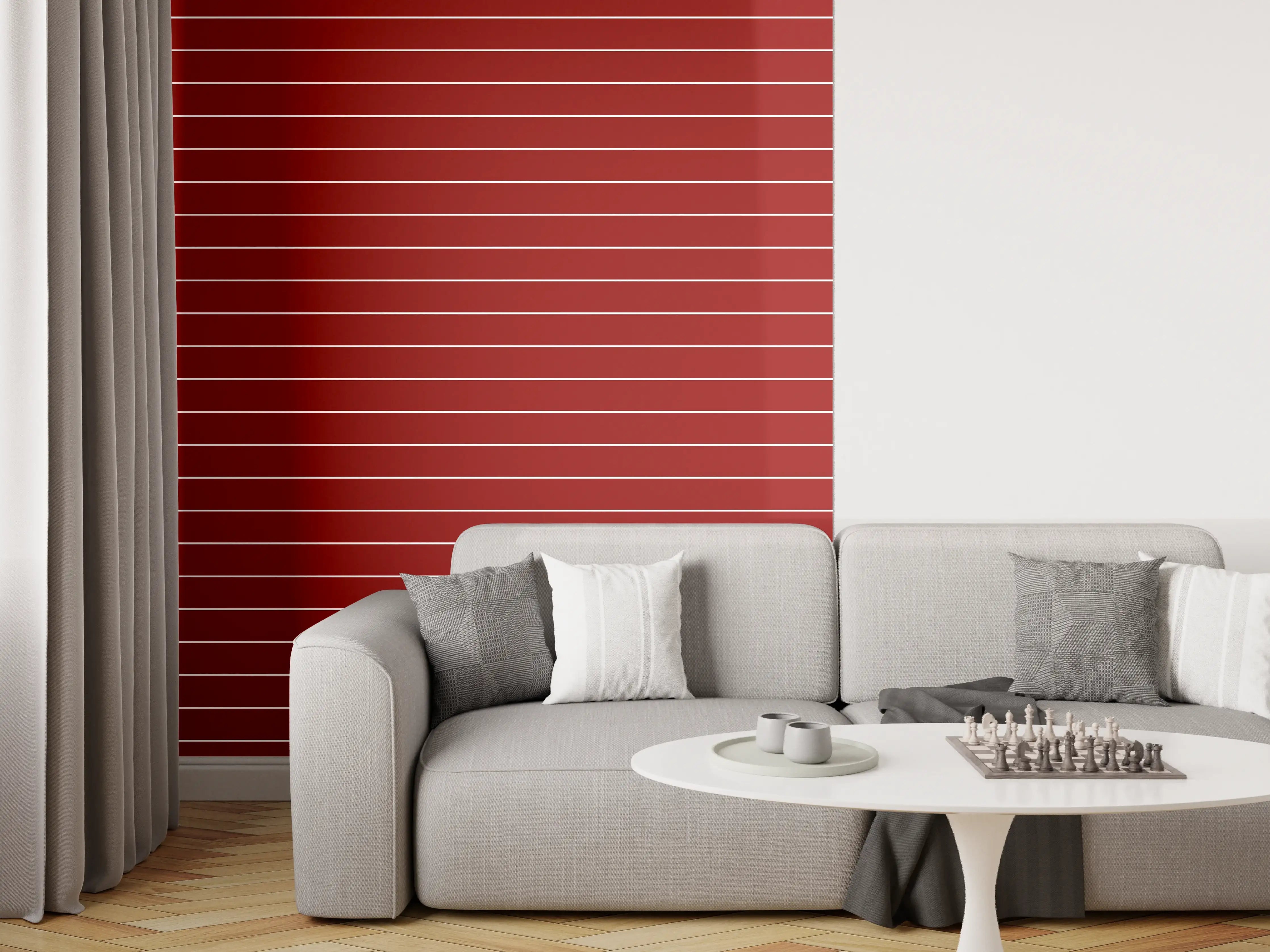 Wandverkleidung Wohnzimmer - Streifenmuster in Rot und Weiß