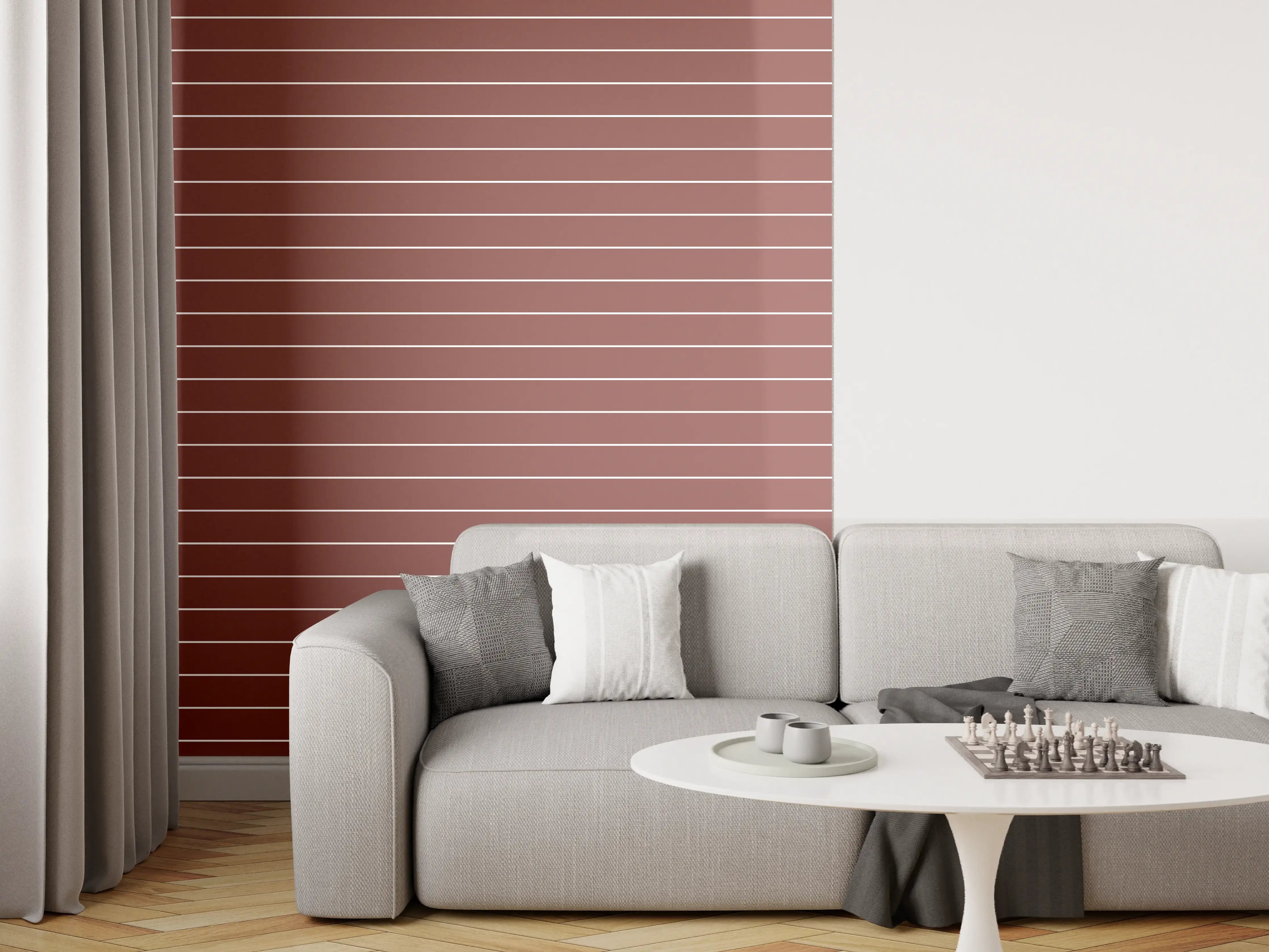 Wandverkleidung Wohnzimmer - Streifenmuster in warmen Braun- und Beigetönen