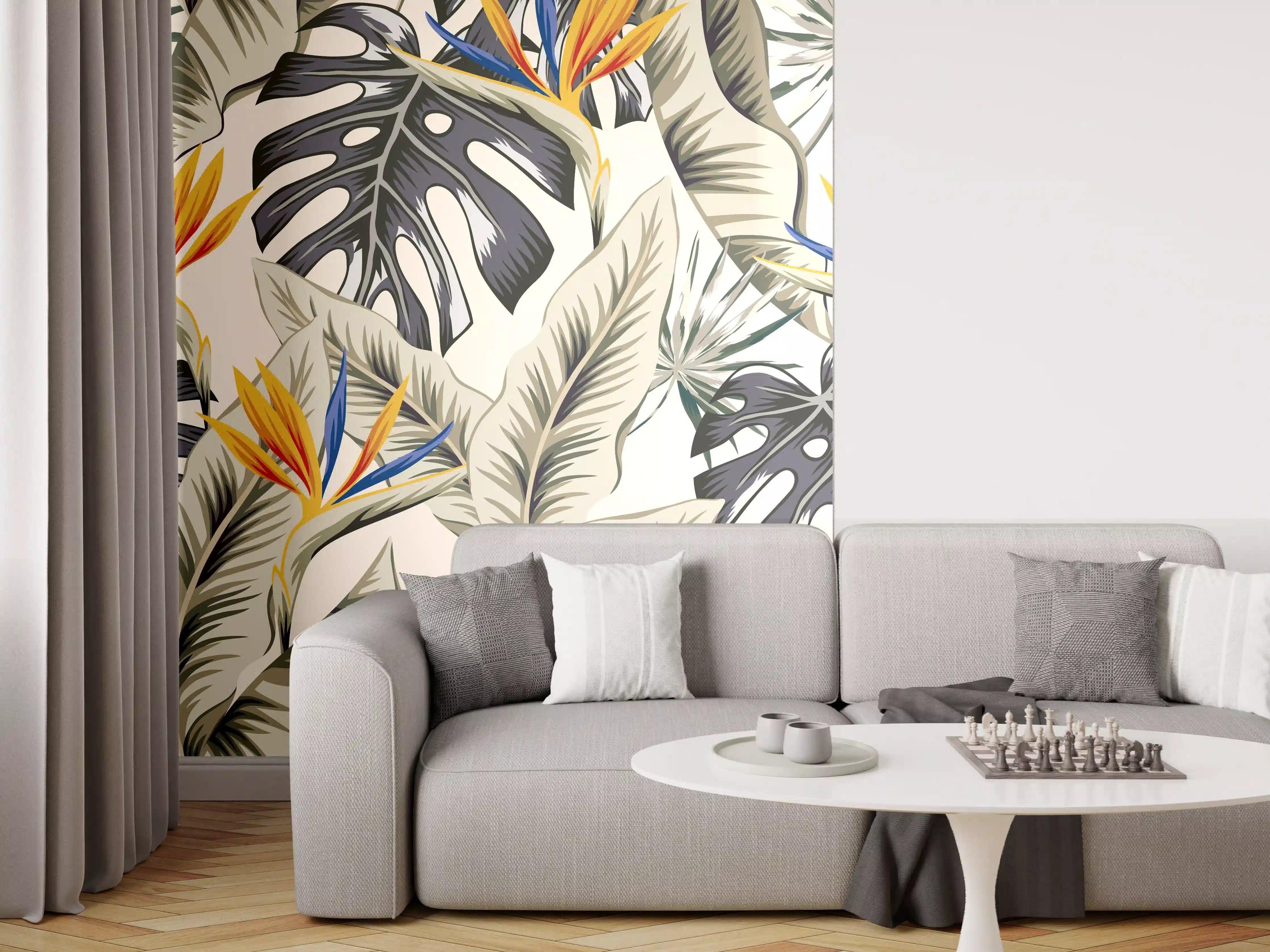 Wandverkleidung Wohnzimmer - Strelitzia Tropenblätter Beige-Orange