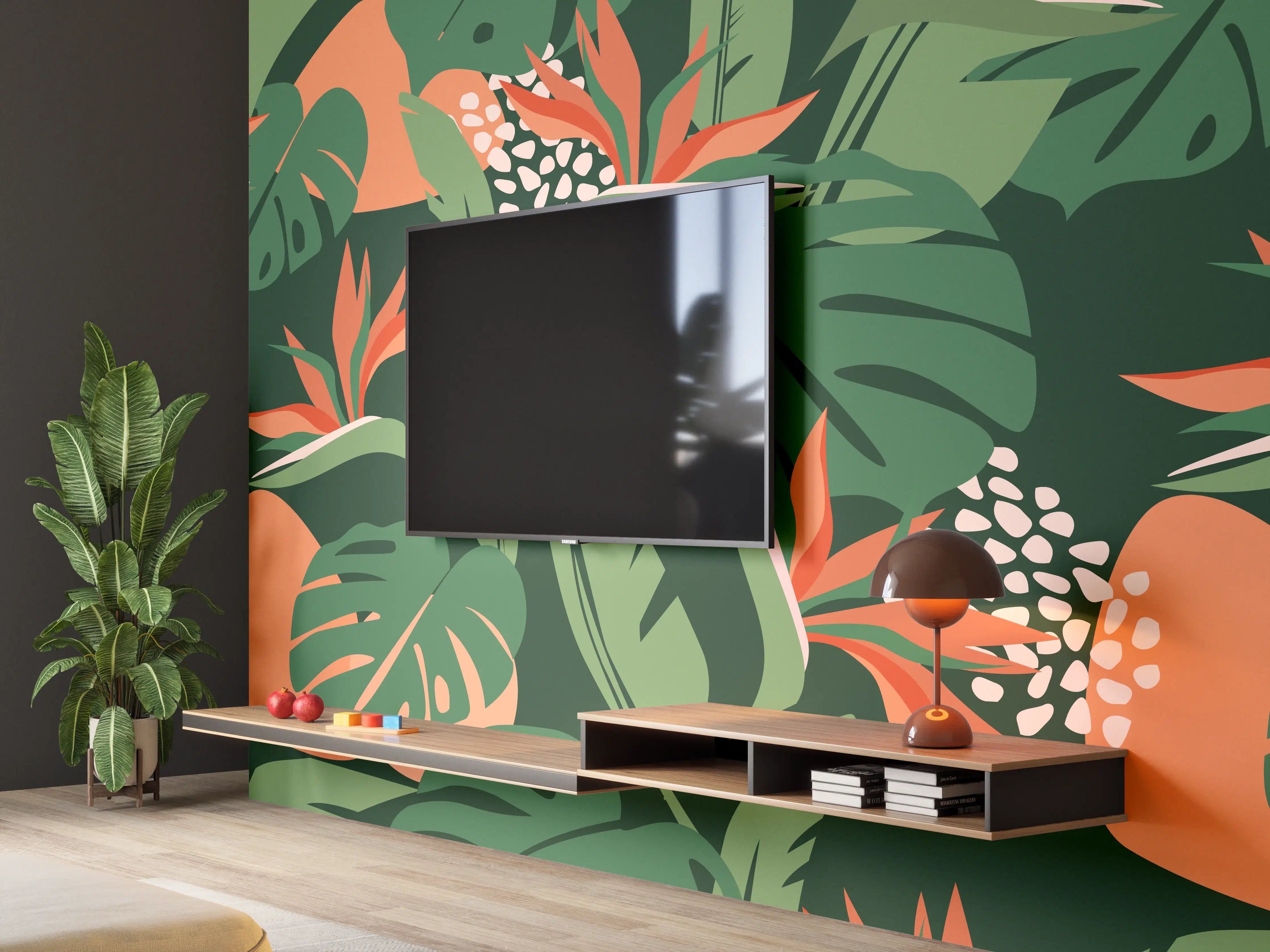Wandverkleidung Wohnzimmer - Strelitzia Tropenblatt Grün-Orange