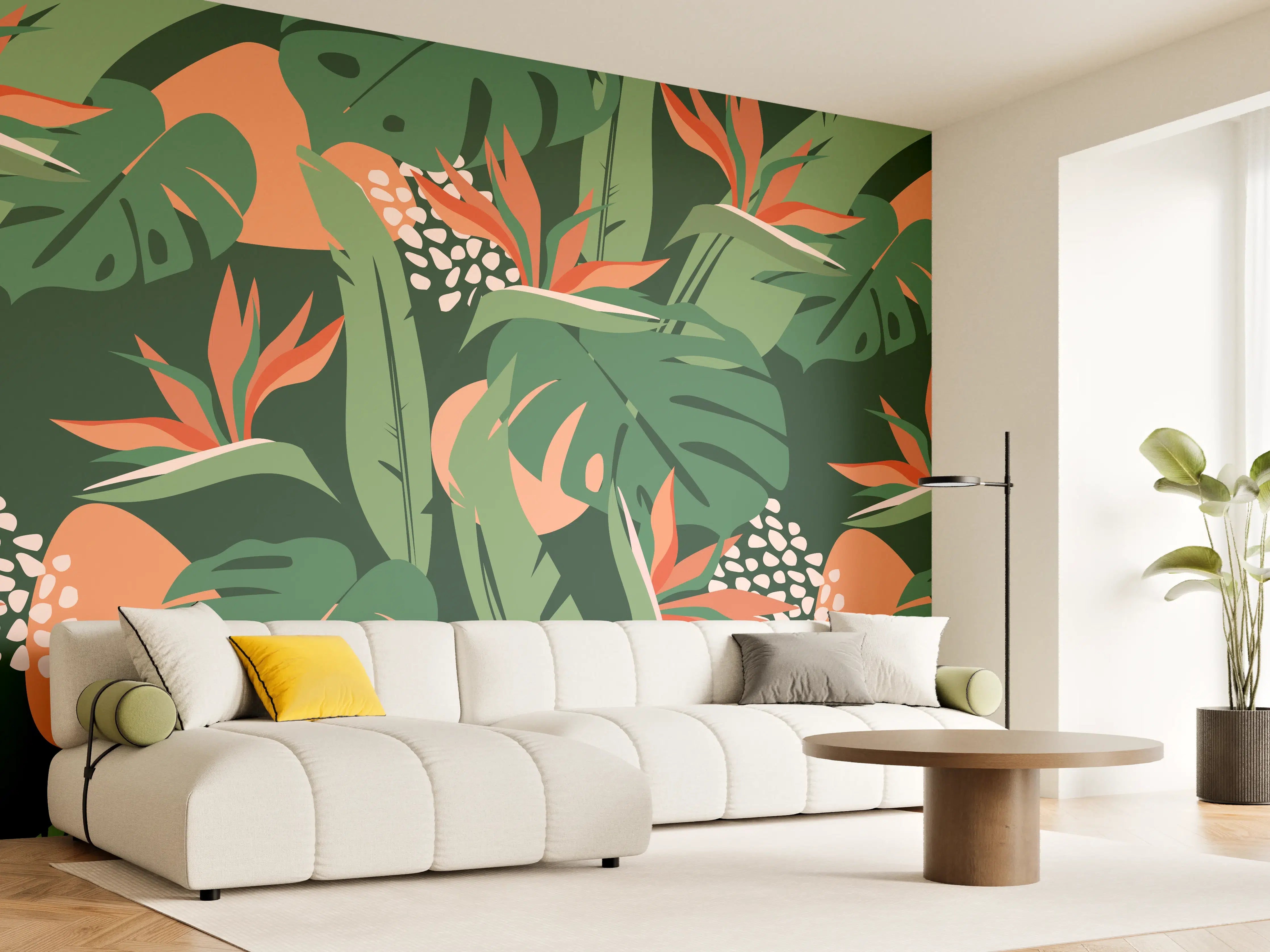 Wandverkleidung Wohnzimmer - Strelitzia Tropenblatt Grün-Orange