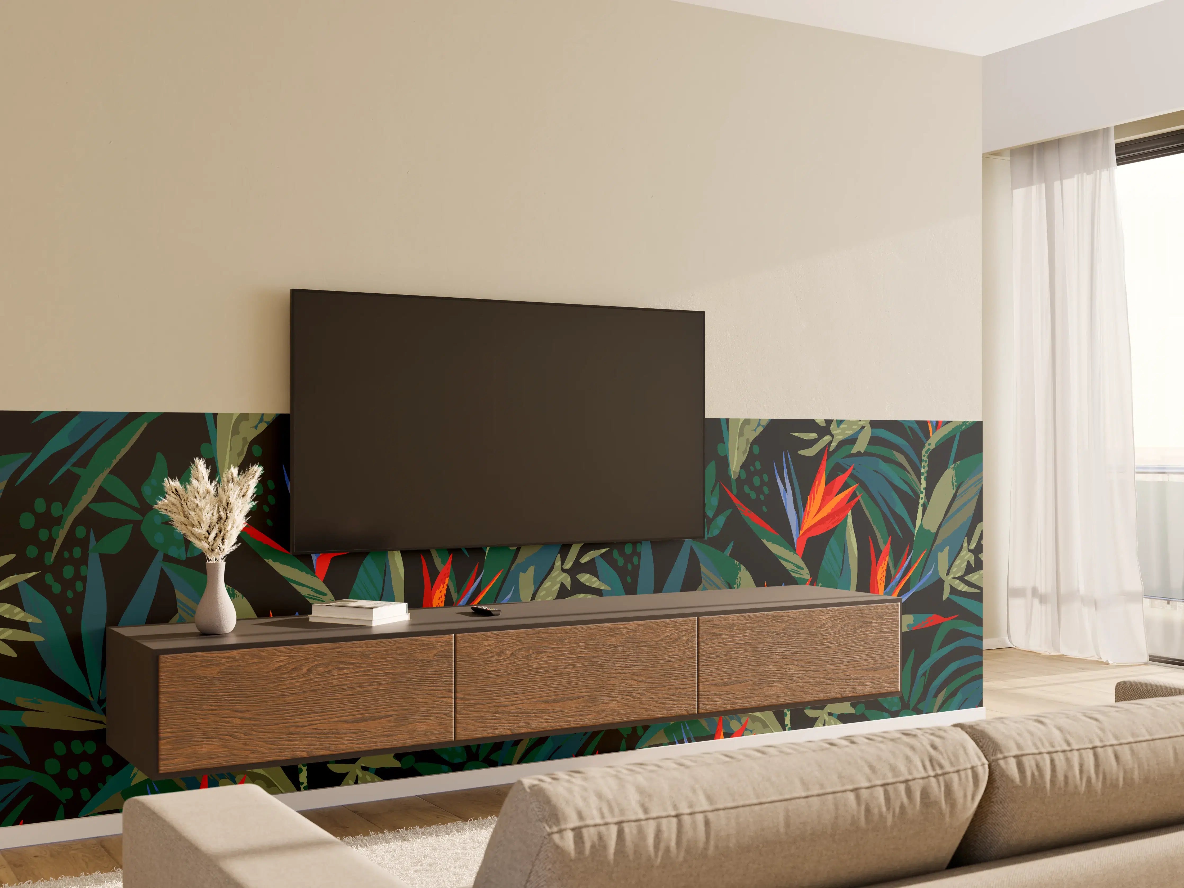 Wandverkleidung Wohnzimmer - Strelitzia Tropenwald-Motiv