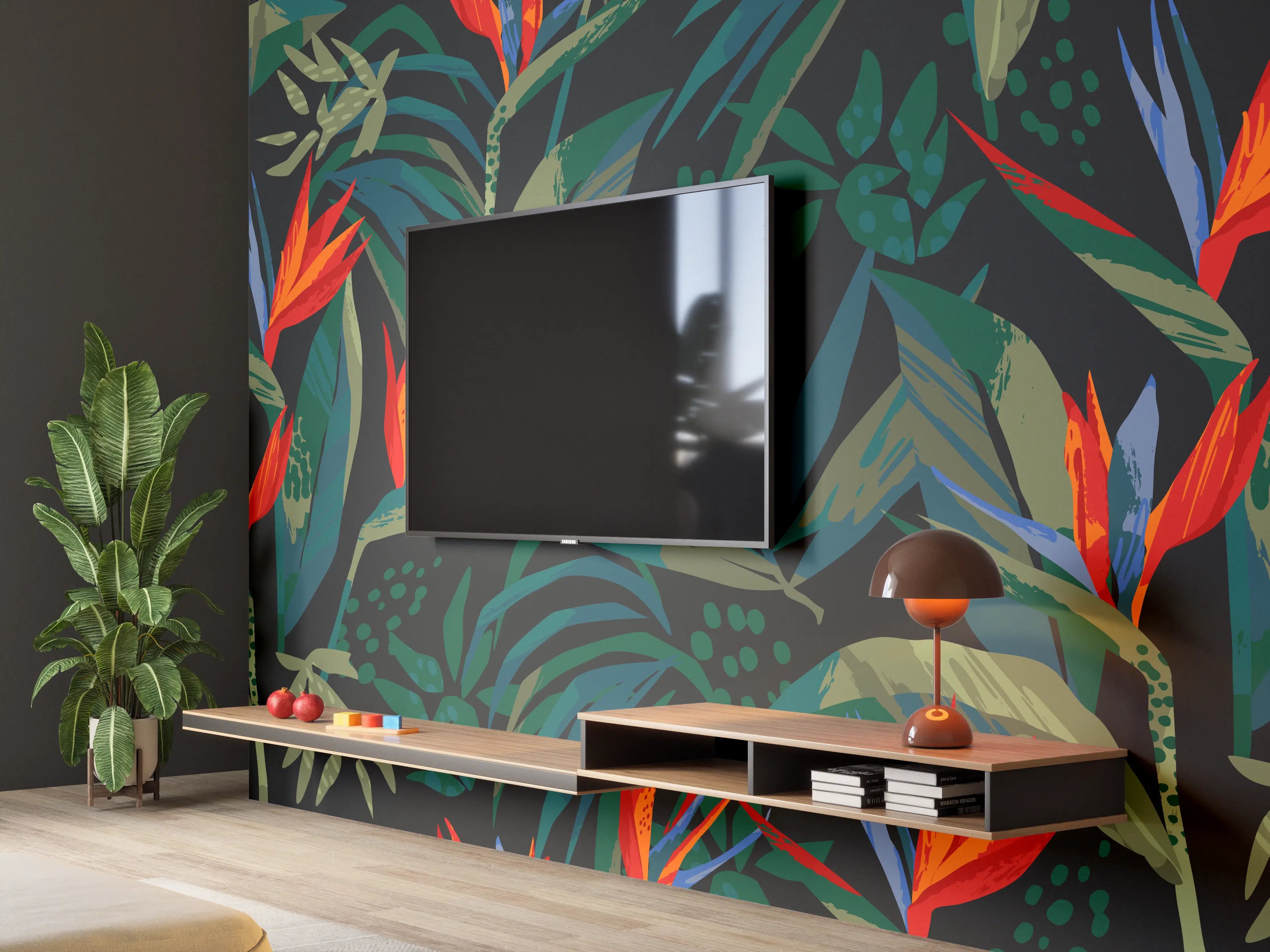 Wandverkleidung Wohnzimmer - Strelitzia Tropenwald-Motiv