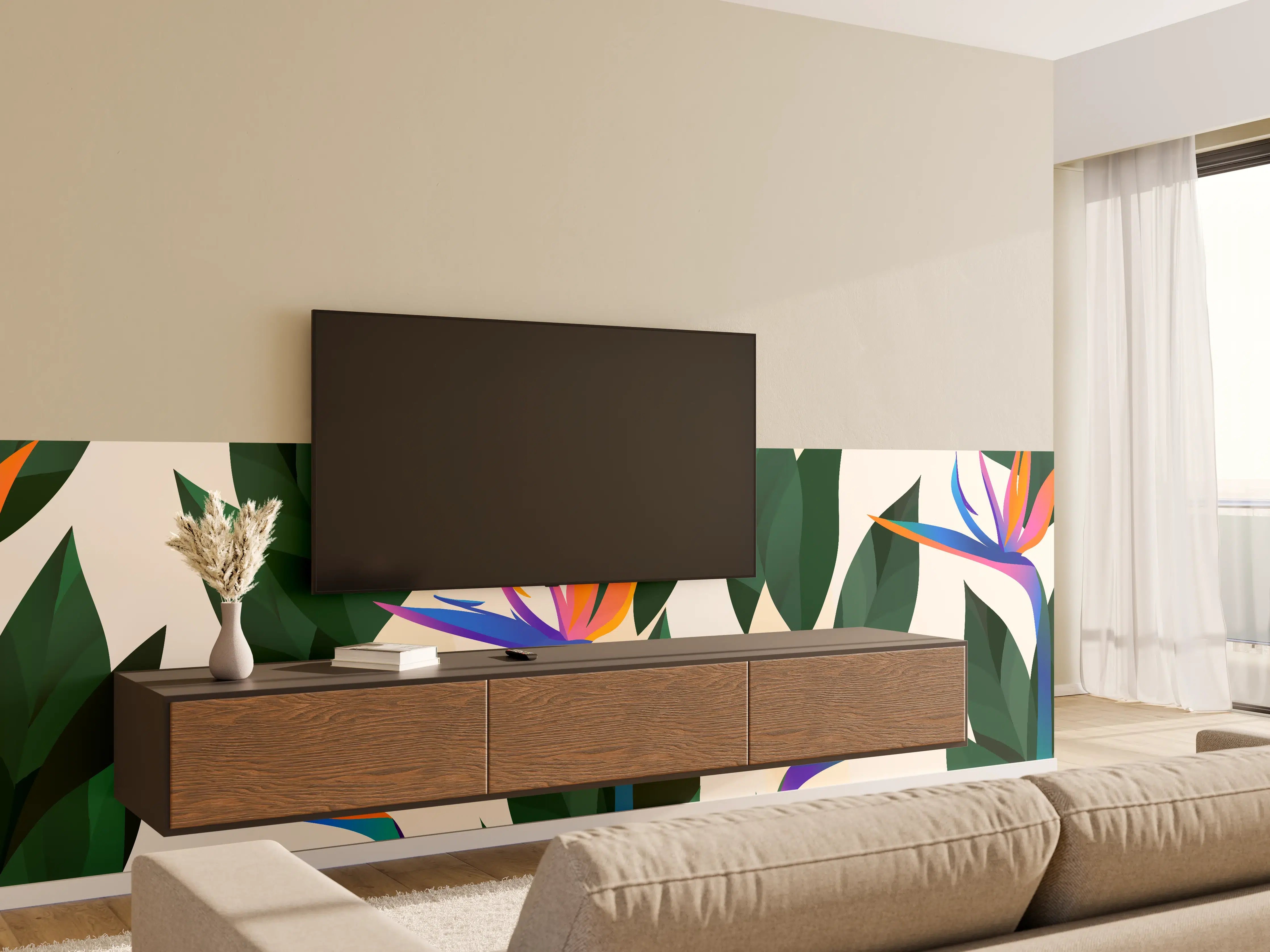 Wandverkleidung Wohnzimmer - Strelitzia Tropic Blumenmuster