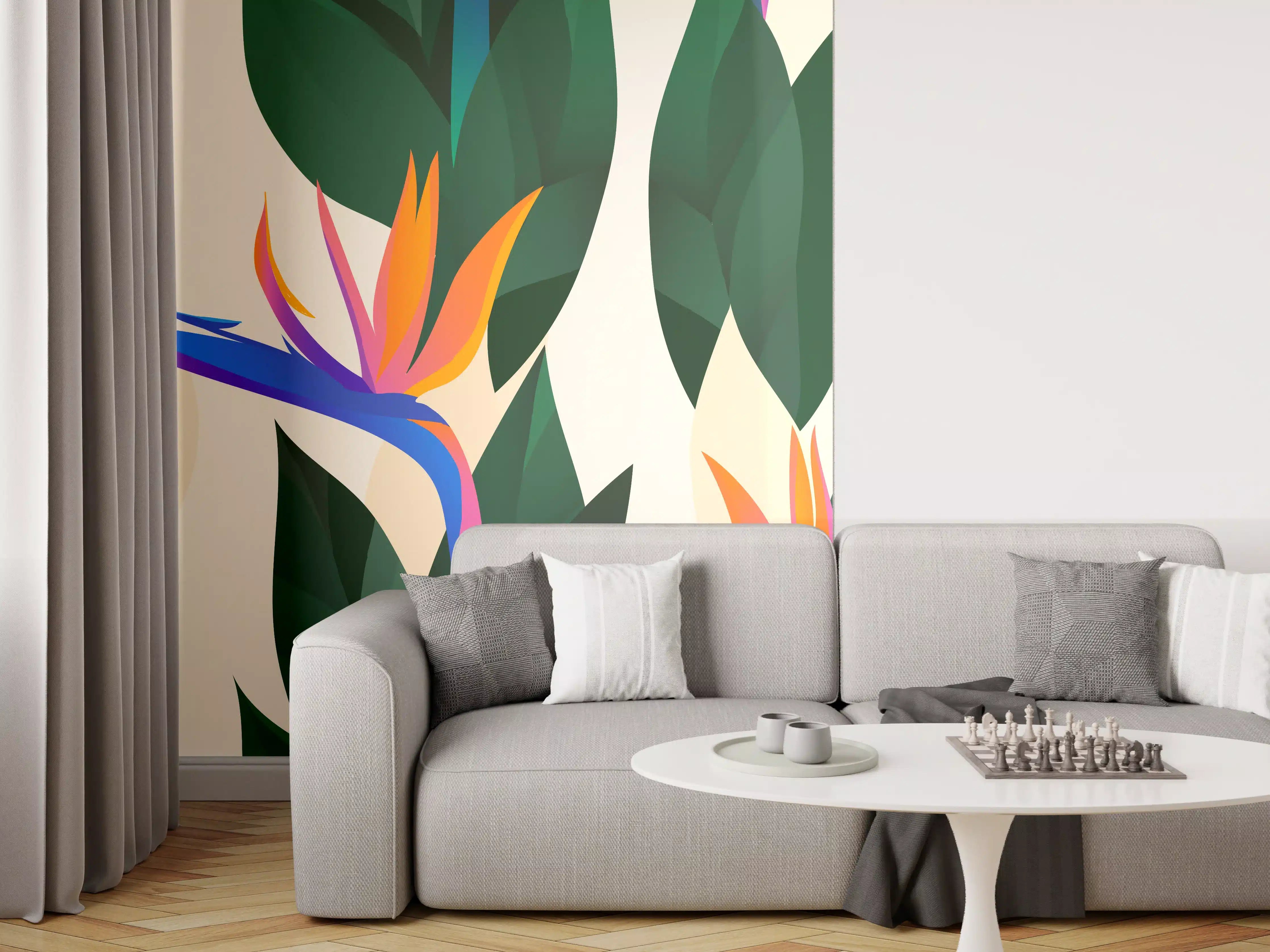 Wandverkleidung Wohnzimmer - Strelitzia Tropic Blumenmuster