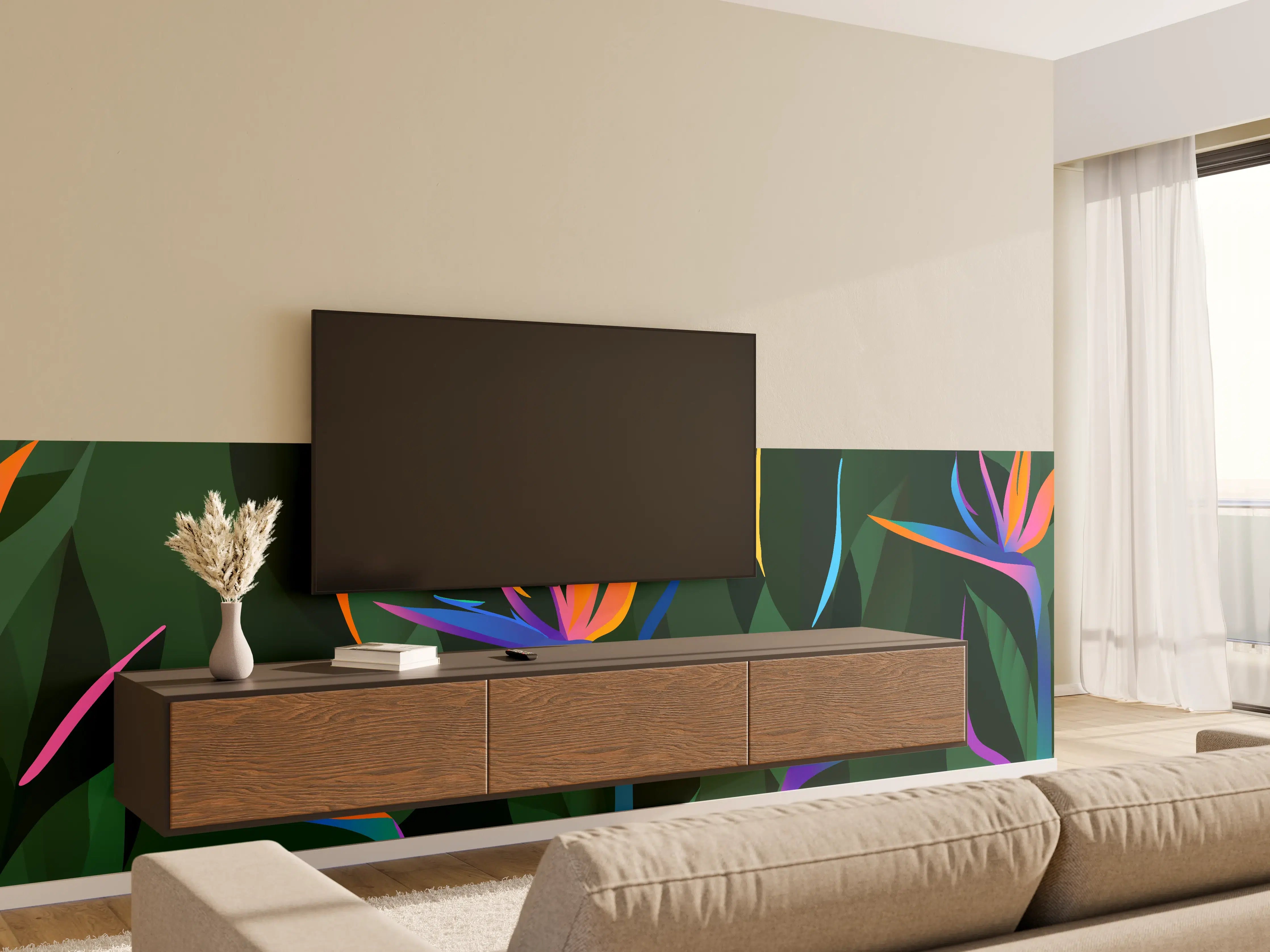 Wandverkleidung Wohnzimmer - Strelitzia Tropic Grün-Orange
