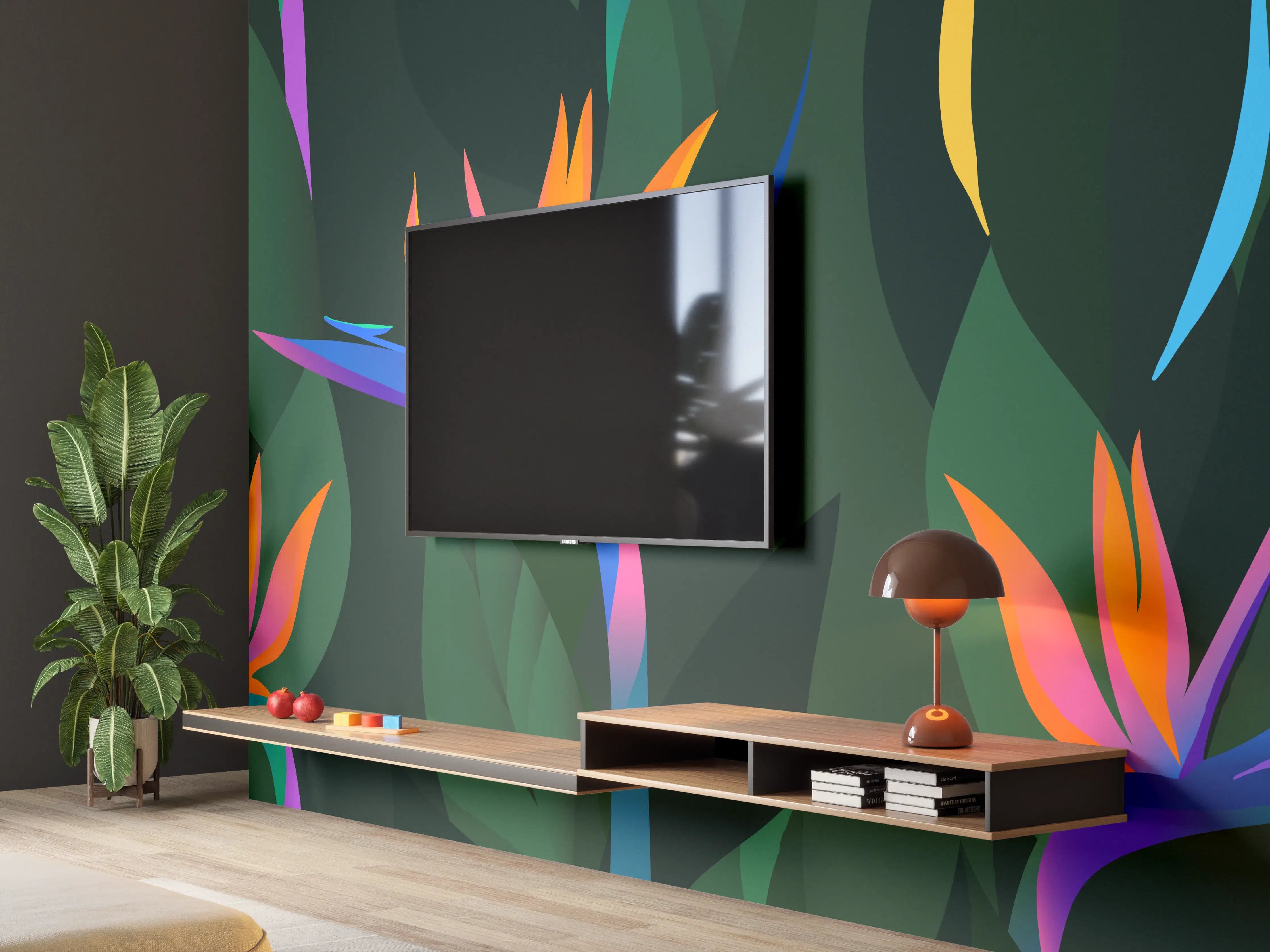 Wandverkleidung Wohnzimmer - Strelitzia Tropic Grün-Orange