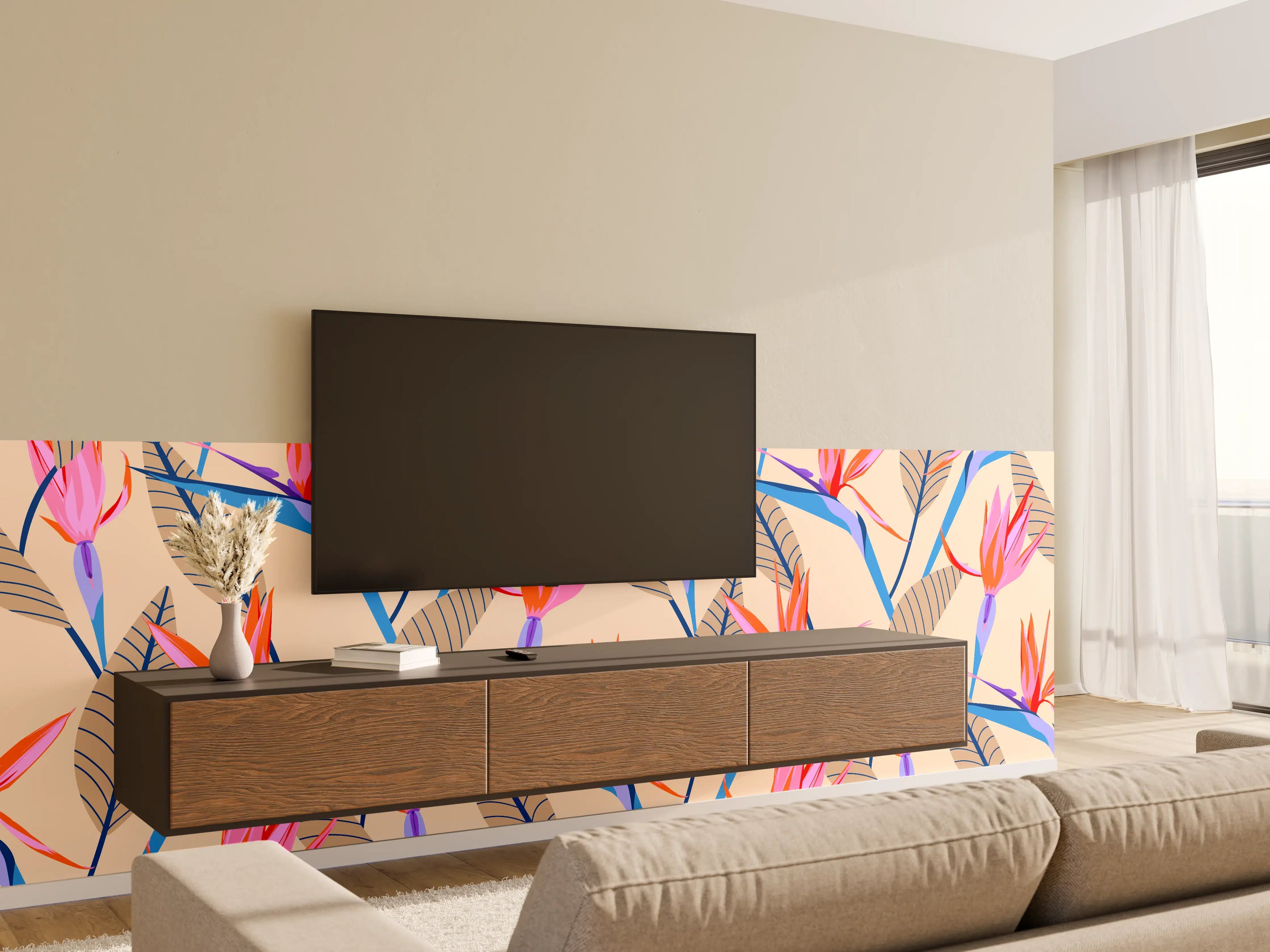Wandverkleidung Wohnzimmer - Strelitzia Tropic Rosa-Beige