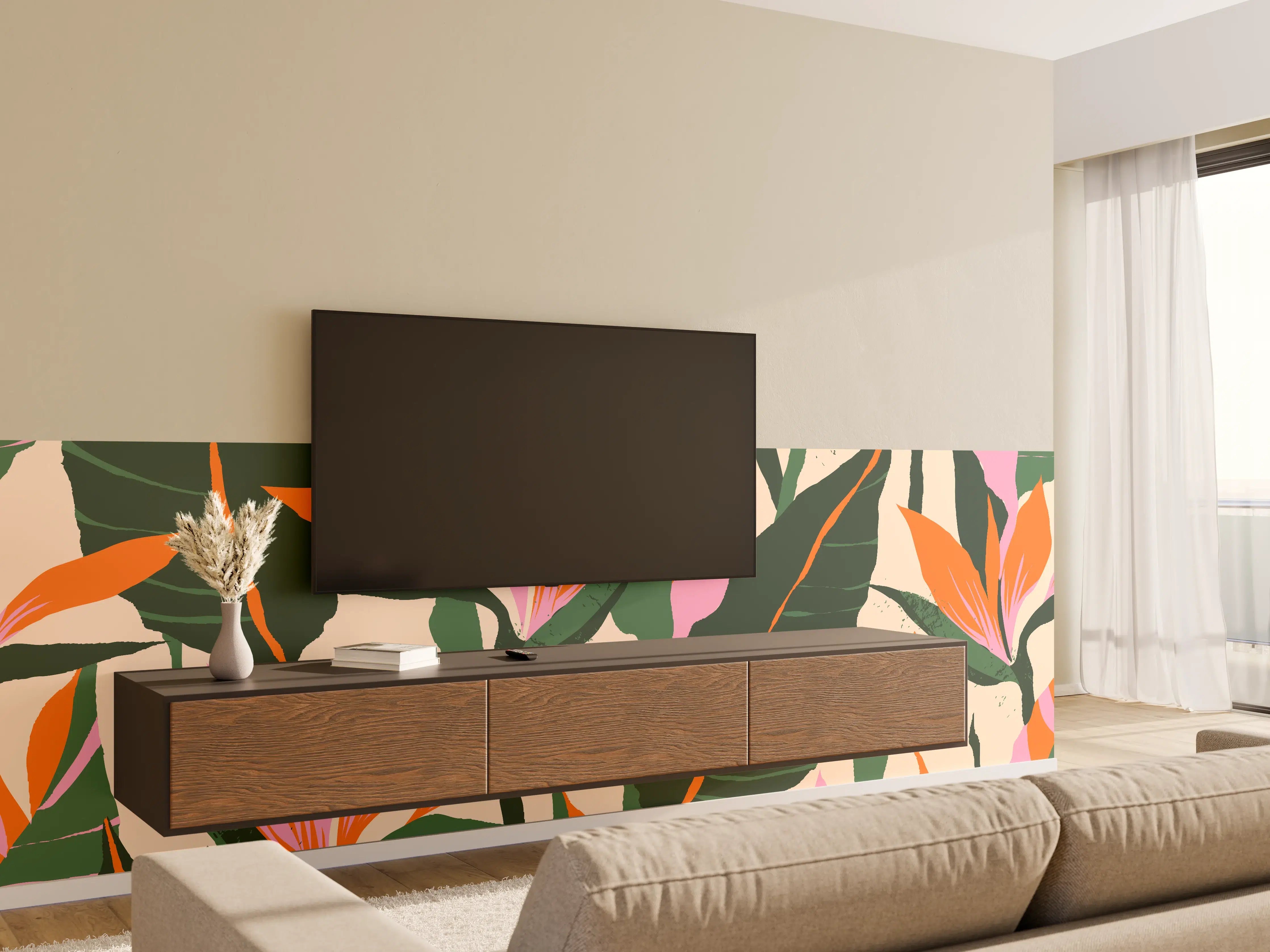 Wandverkleidung Wohnzimmer - Strelitzia Tropische Blütenornamente