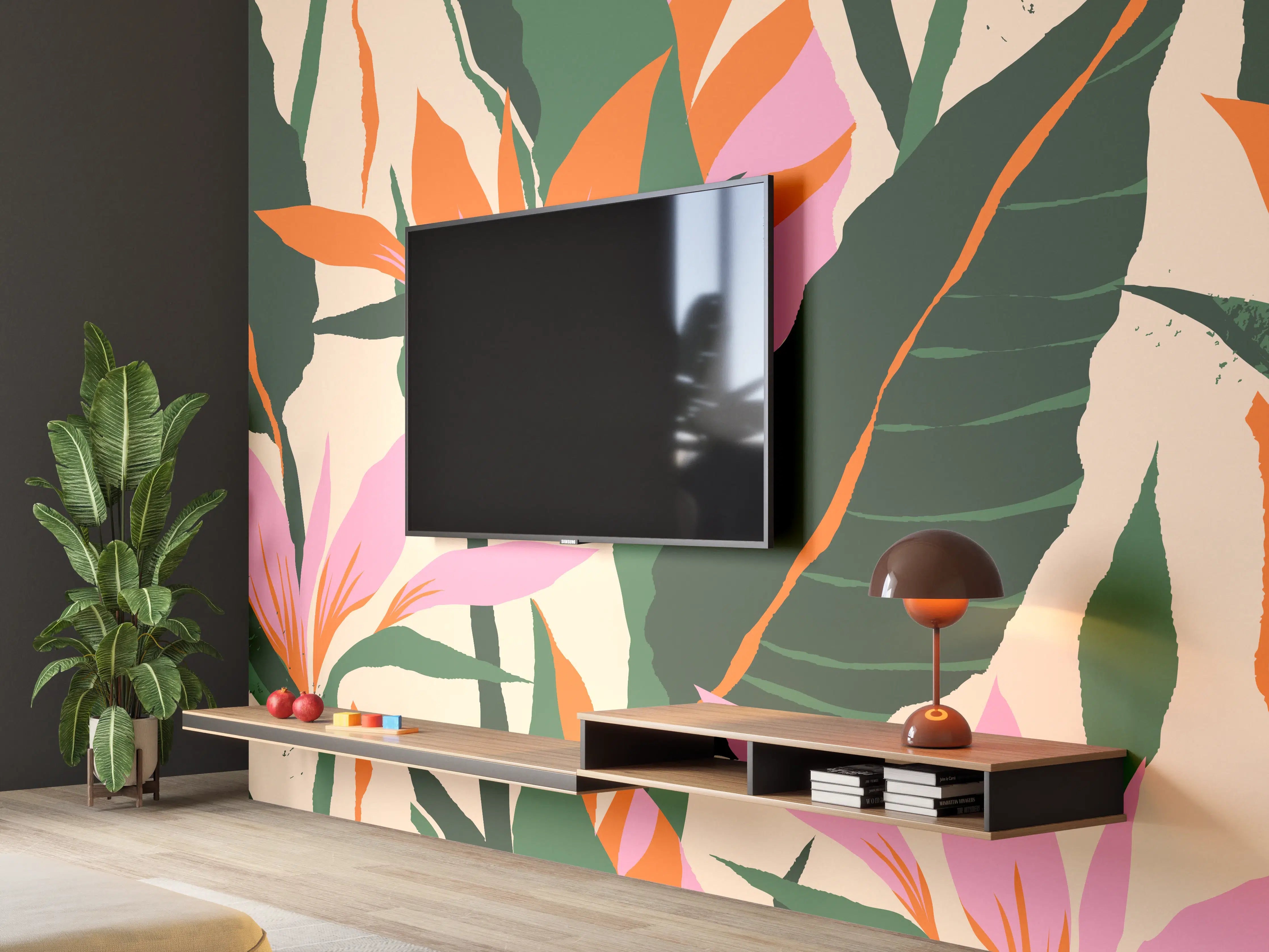 Wandverkleidung Wohnzimmer - Strelitzia Tropische Blütenornamente
