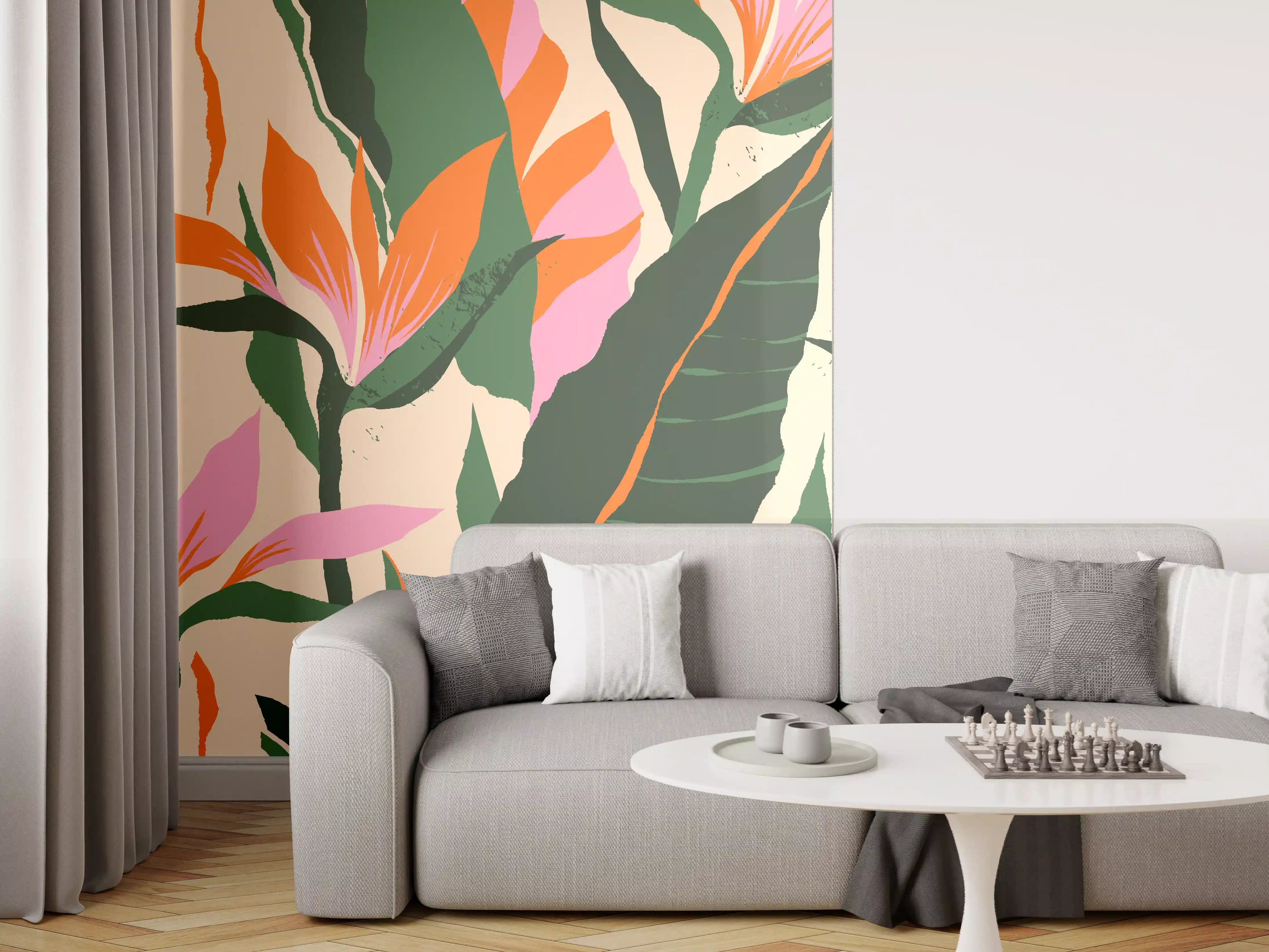 Wandverkleidung Wohnzimmer - Strelitzia Tropische Blütenornamente