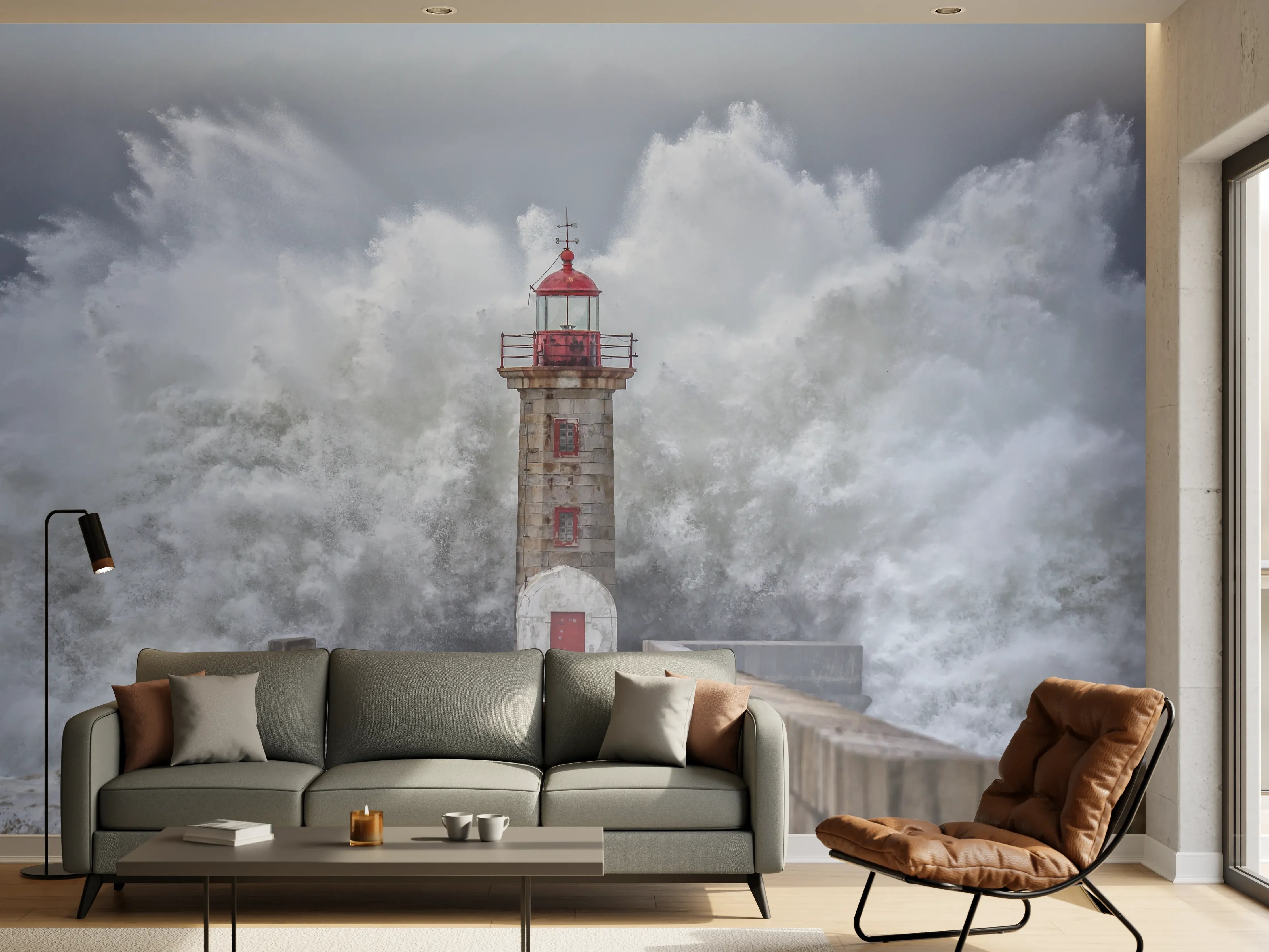 Wandverkleidung Wohnzimmer - Sturmgefährdeter Leuchtturm am Meer