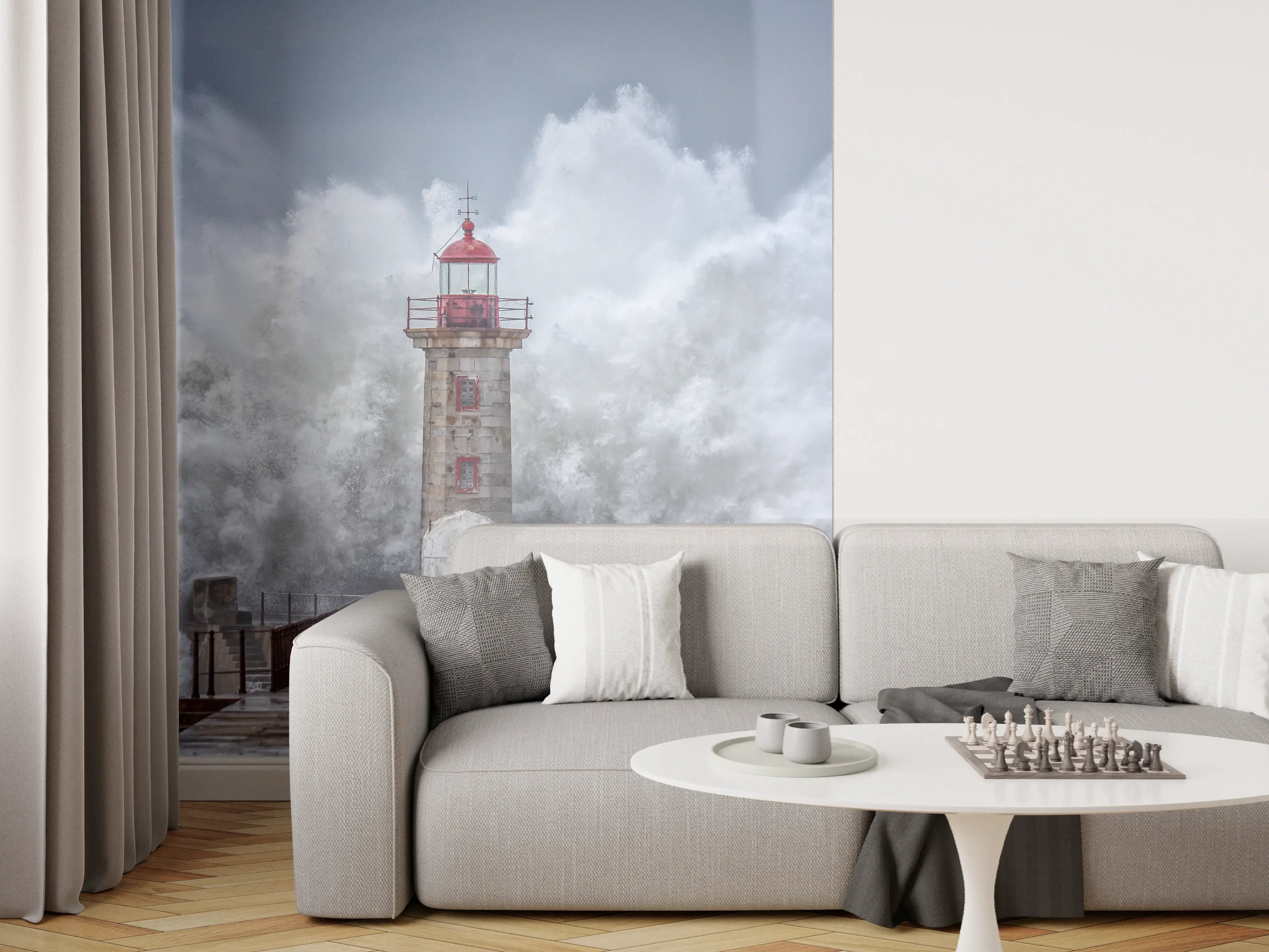Wandverkleidung Wohnzimmer - Sturmgefährdeter Leuchtturm am Meer