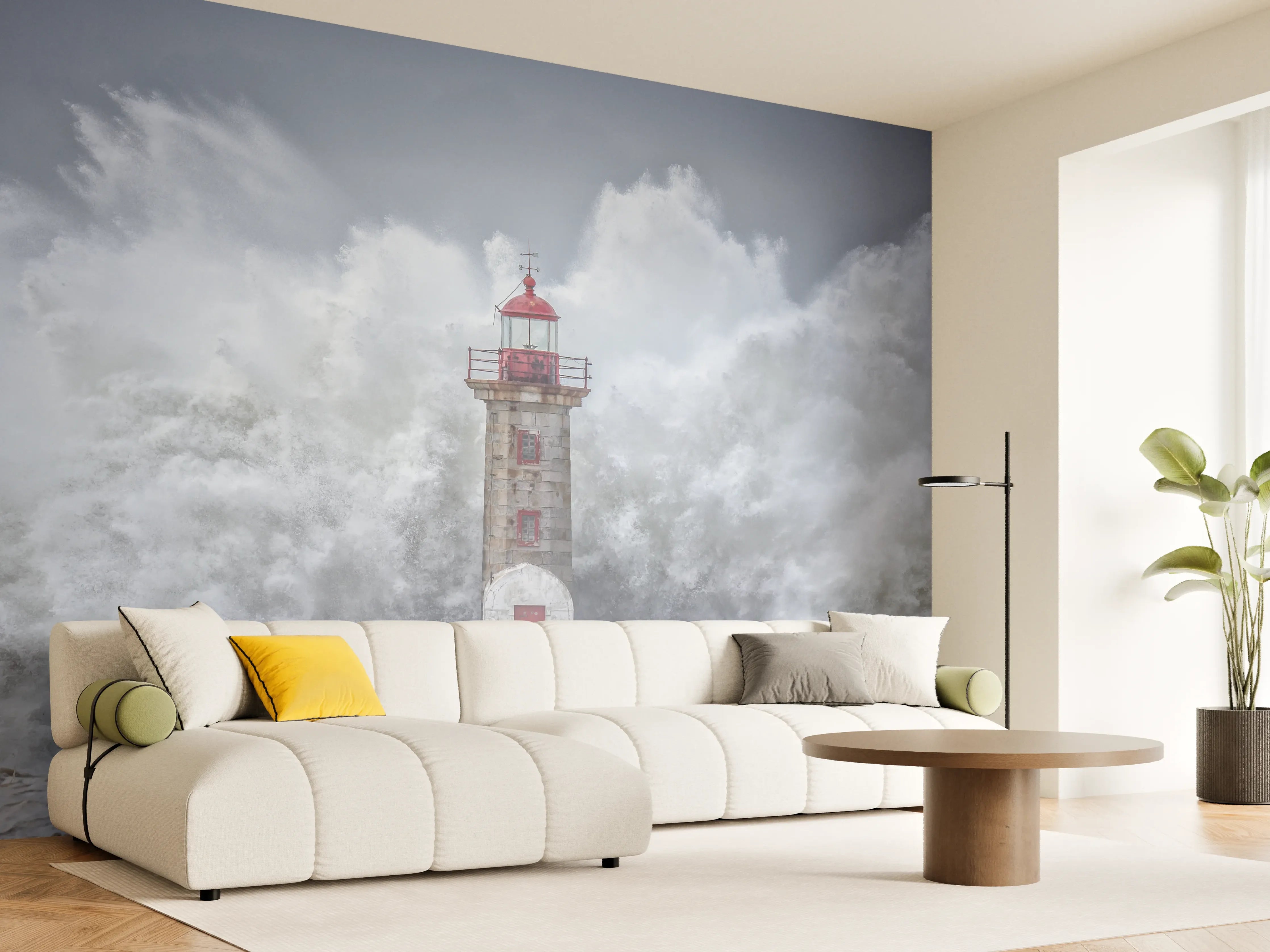 Wandverkleidung Wohnzimmer - Sturmgefährdeter Leuchtturm am Meer