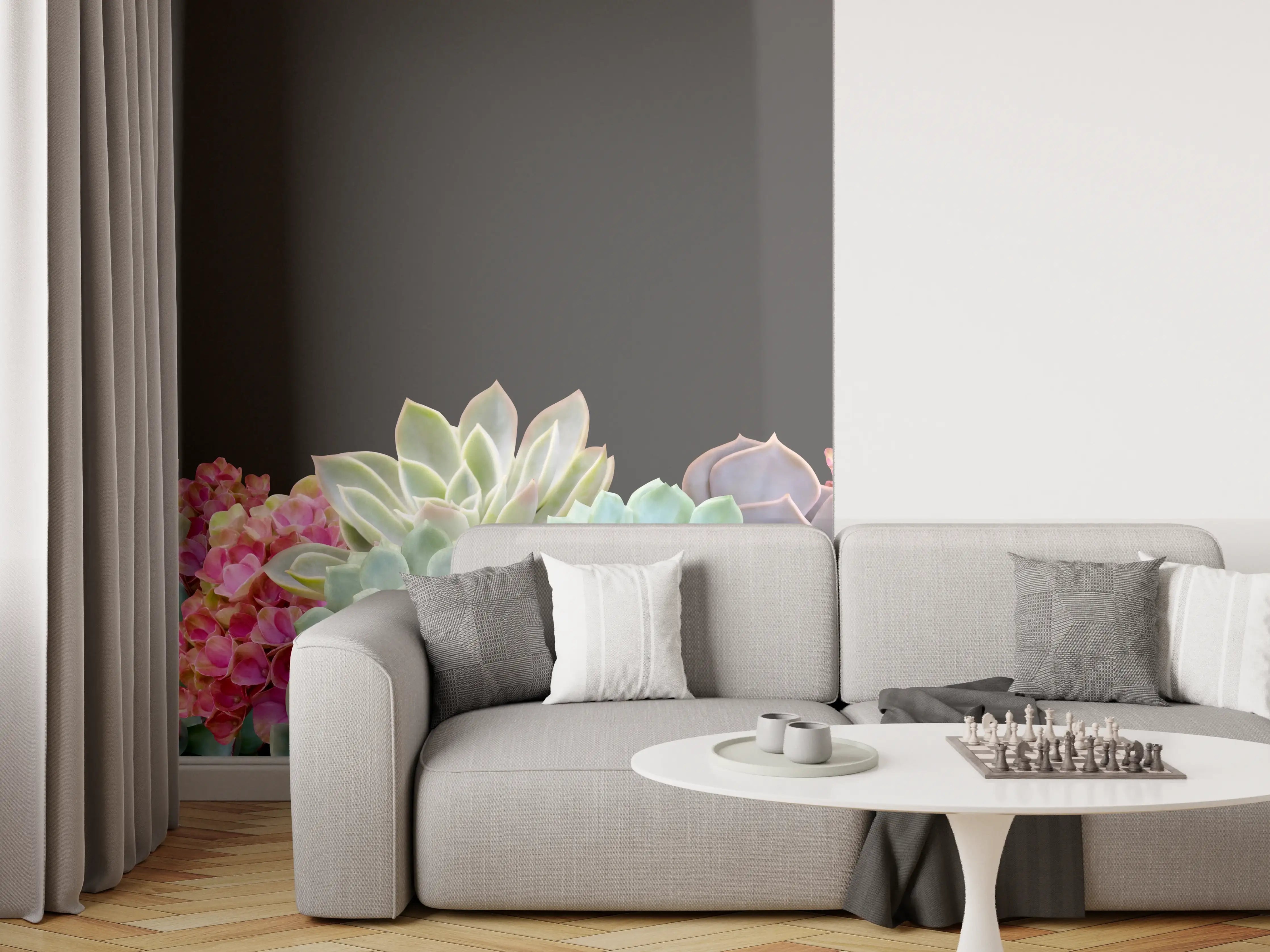 Wandverkleidung Wohnzimmer - Sukkulente Blumen - Bunt