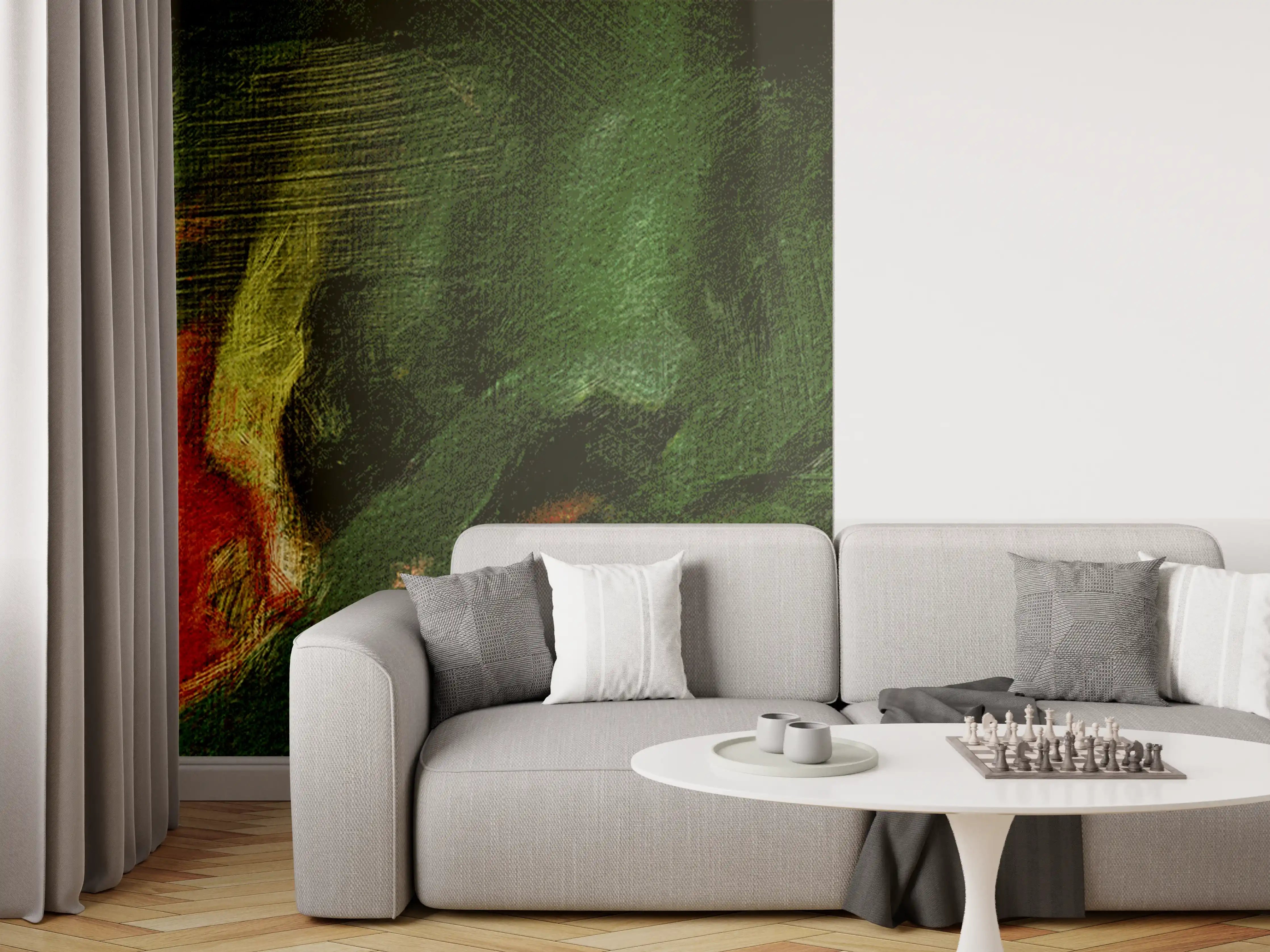 Wandverkleidung Wohnzimmer - Surreale Grüntöne Öltextur