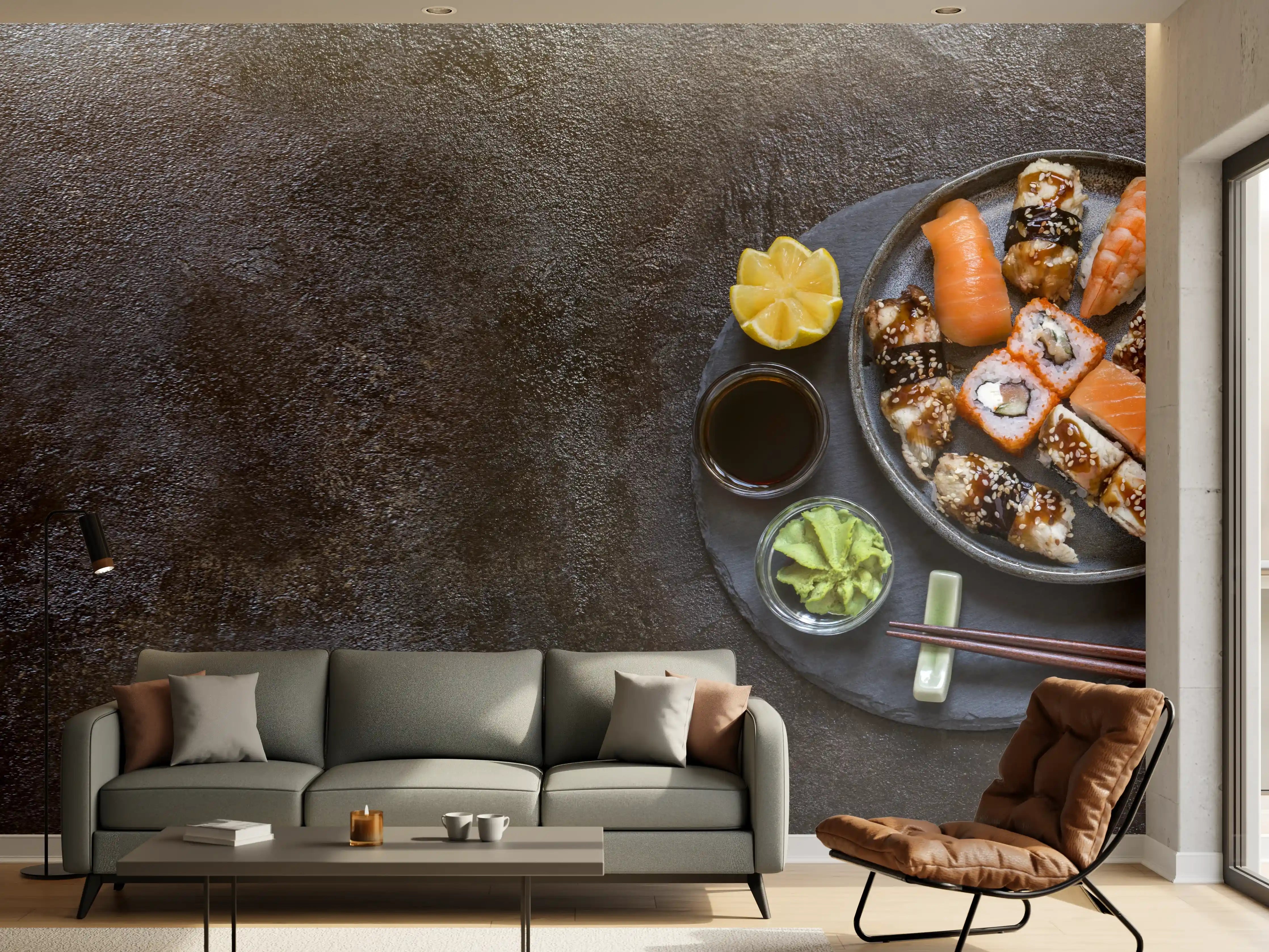 Wandverkleidung Wohnzimmer - Sushi-Platte Schwarz-Orange