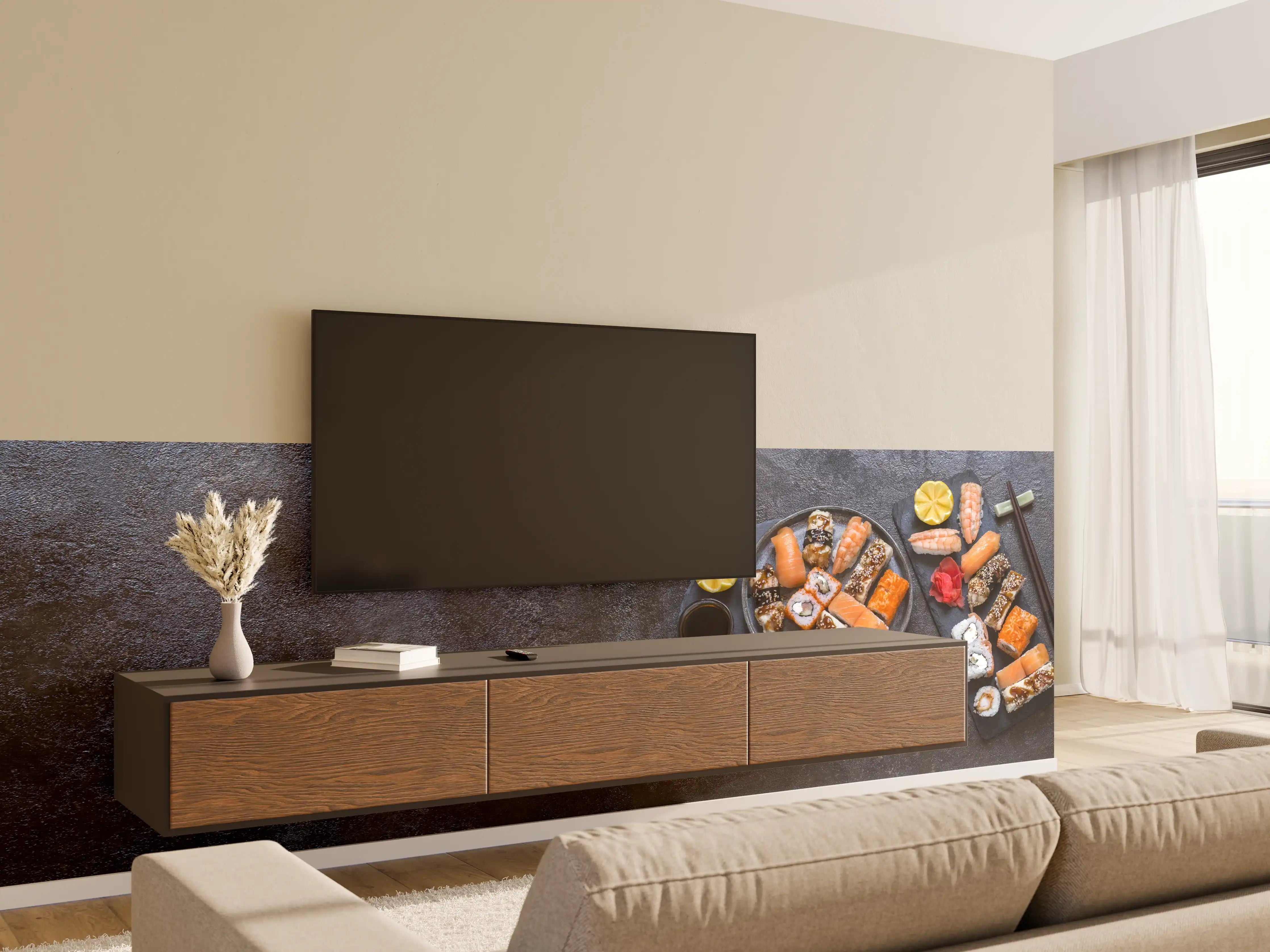 Wandverkleidung Wohnzimmer - Sushi-Platte Schwarz-Orange