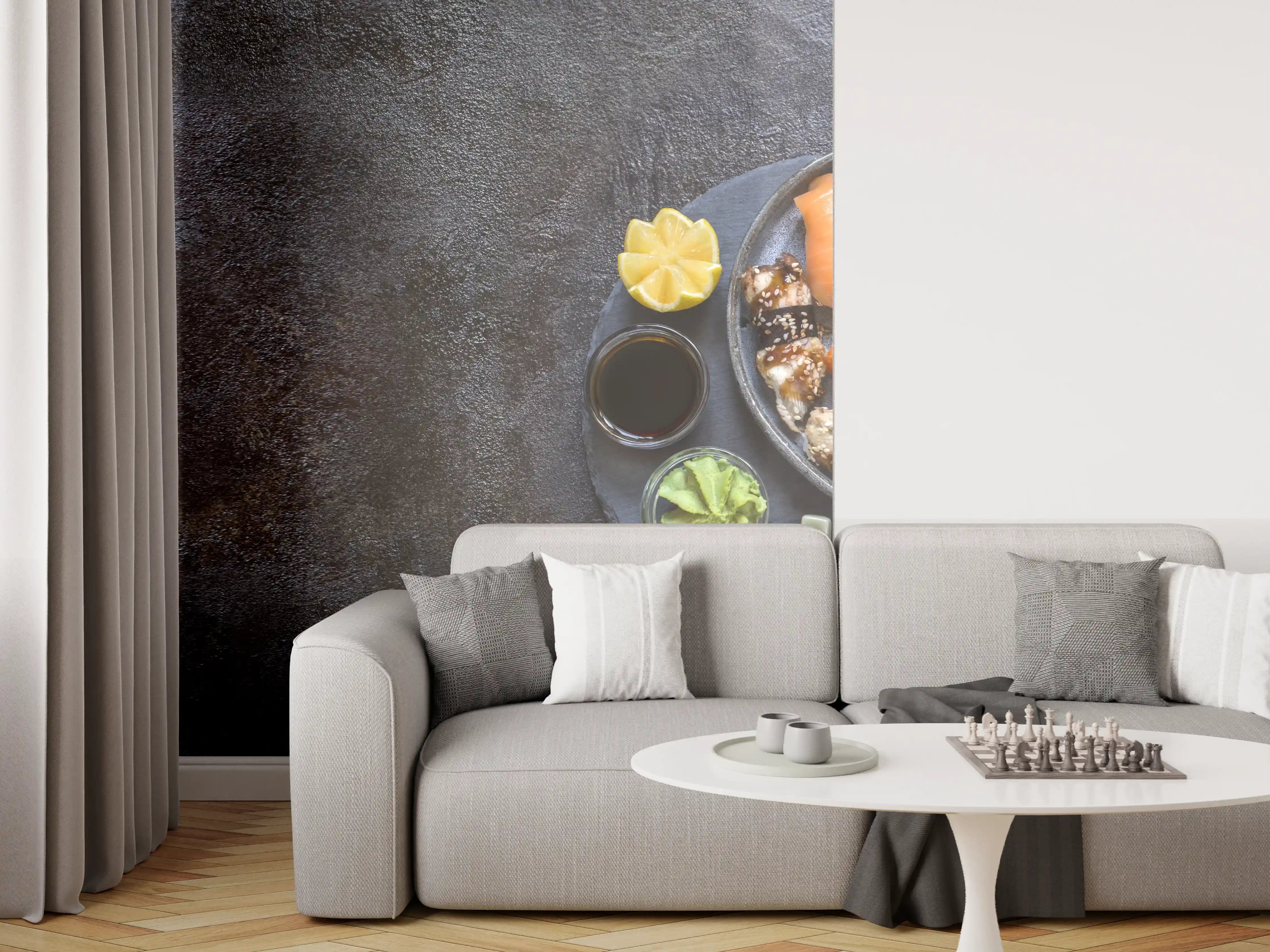 Wandverkleidung Wohnzimmer - Sushi-Platte Schwarz-Orange