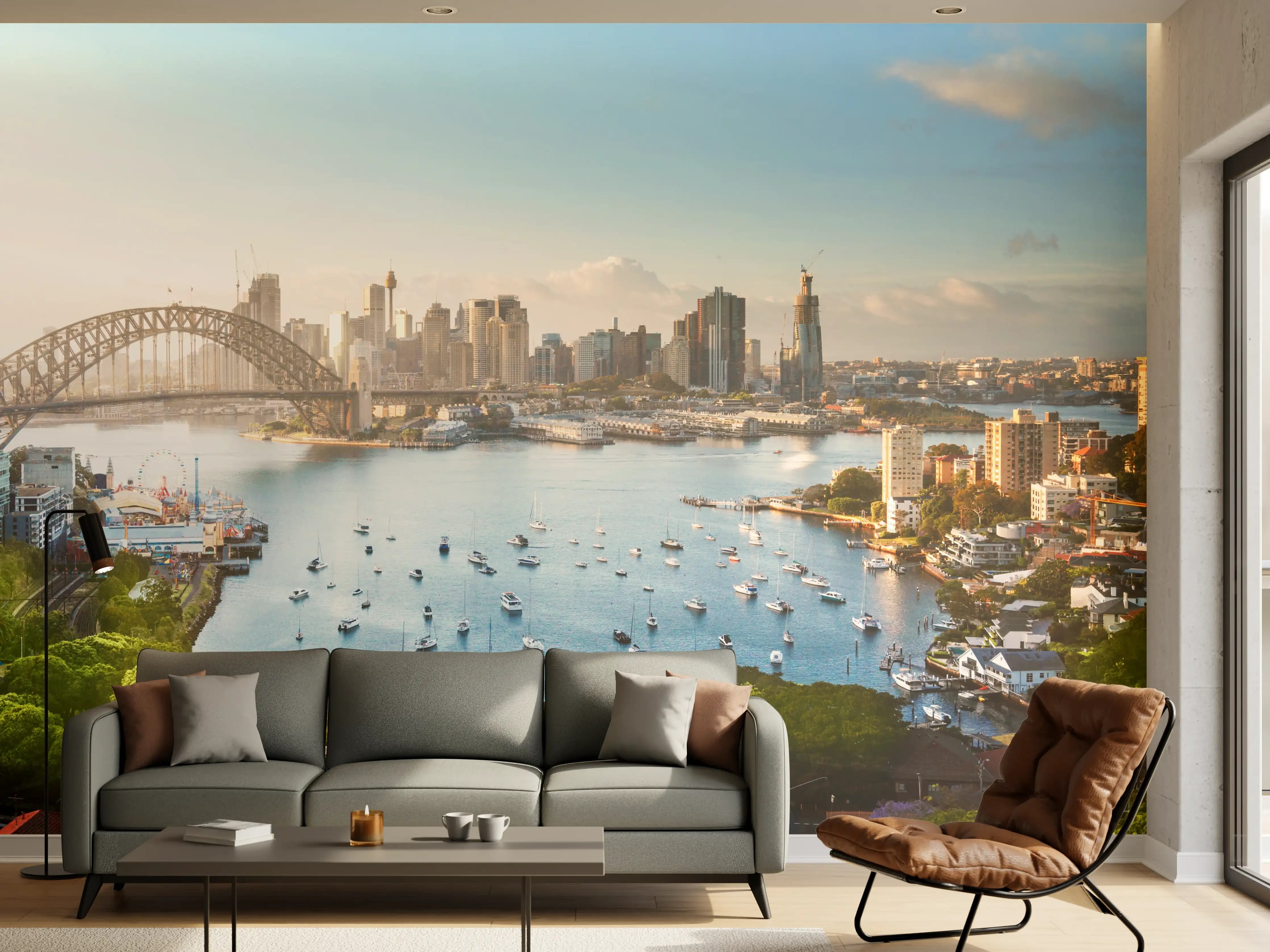 Wandverkleidung Wohnzimmer - Sydney Harbour Skyline bei Sonnenuntergang