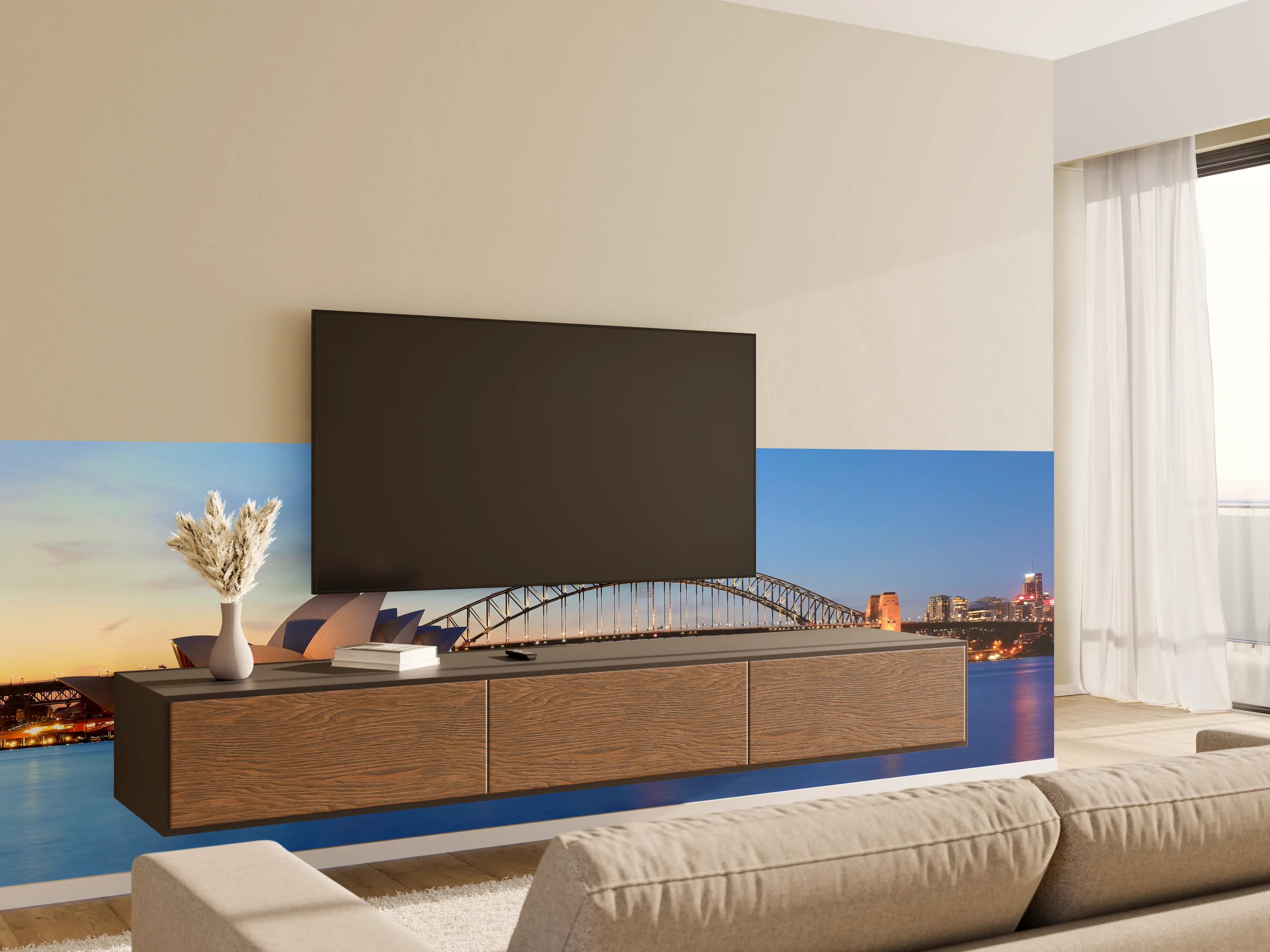 Wandverkleidung Wohnzimmer - Sydney Opernhaus und Harbour Bridge bei Sonnenuntergang