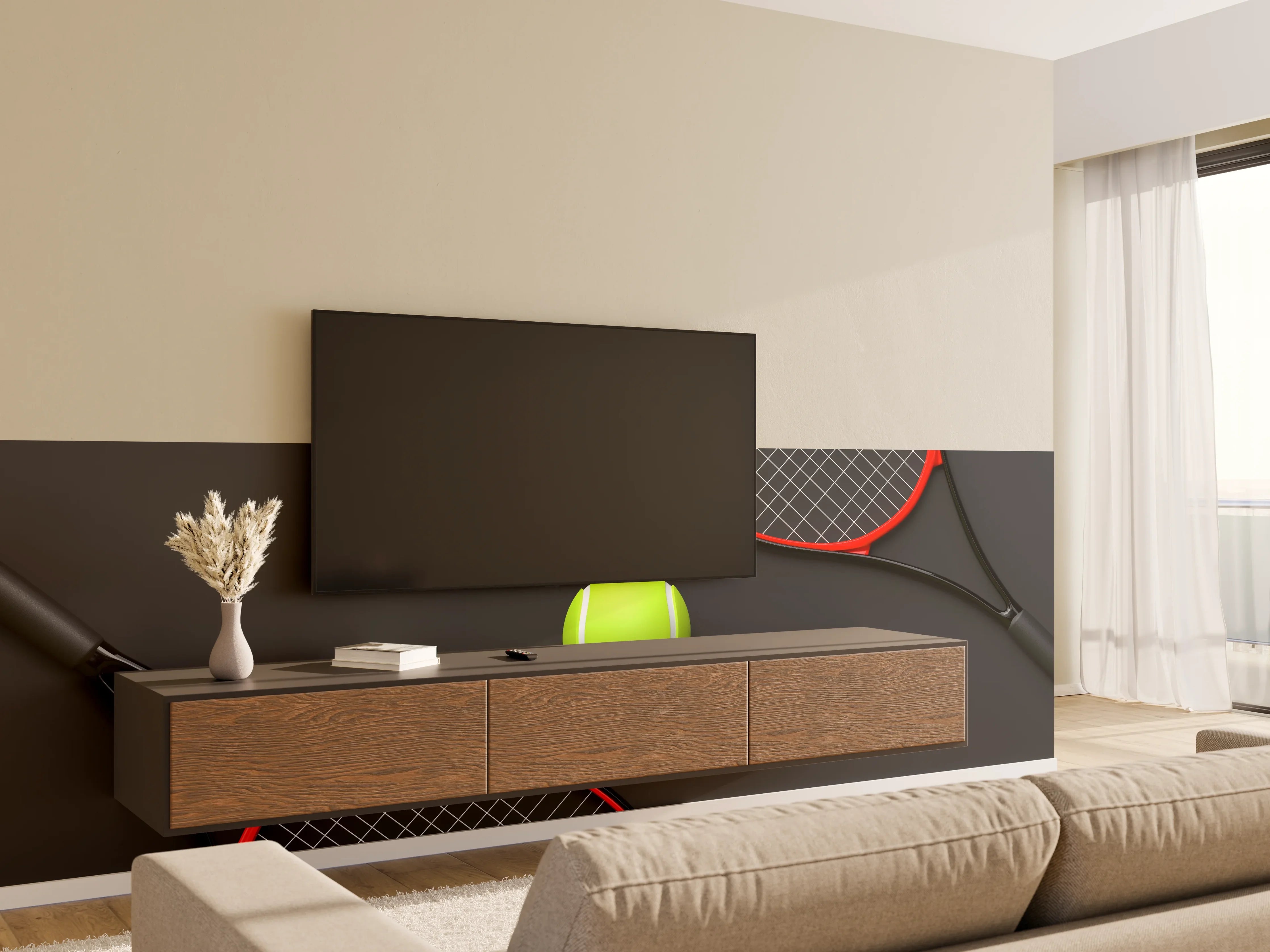 Wandverkleidung Wohnzimmer - Tennis - 3D Render