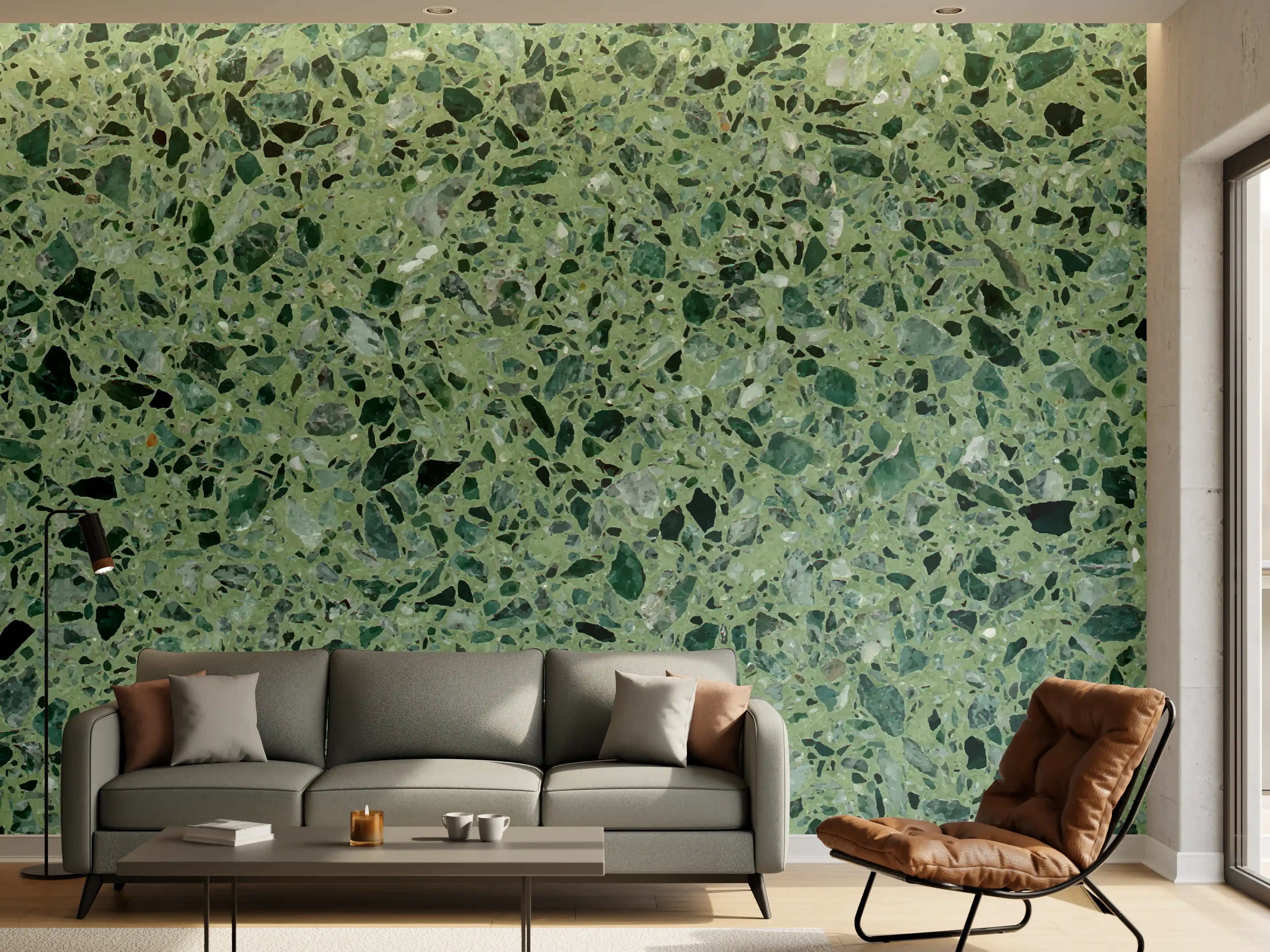 Wandverkleidung Wohnzimmer - Terrazzo Textur auf türkisem Hintergrund
