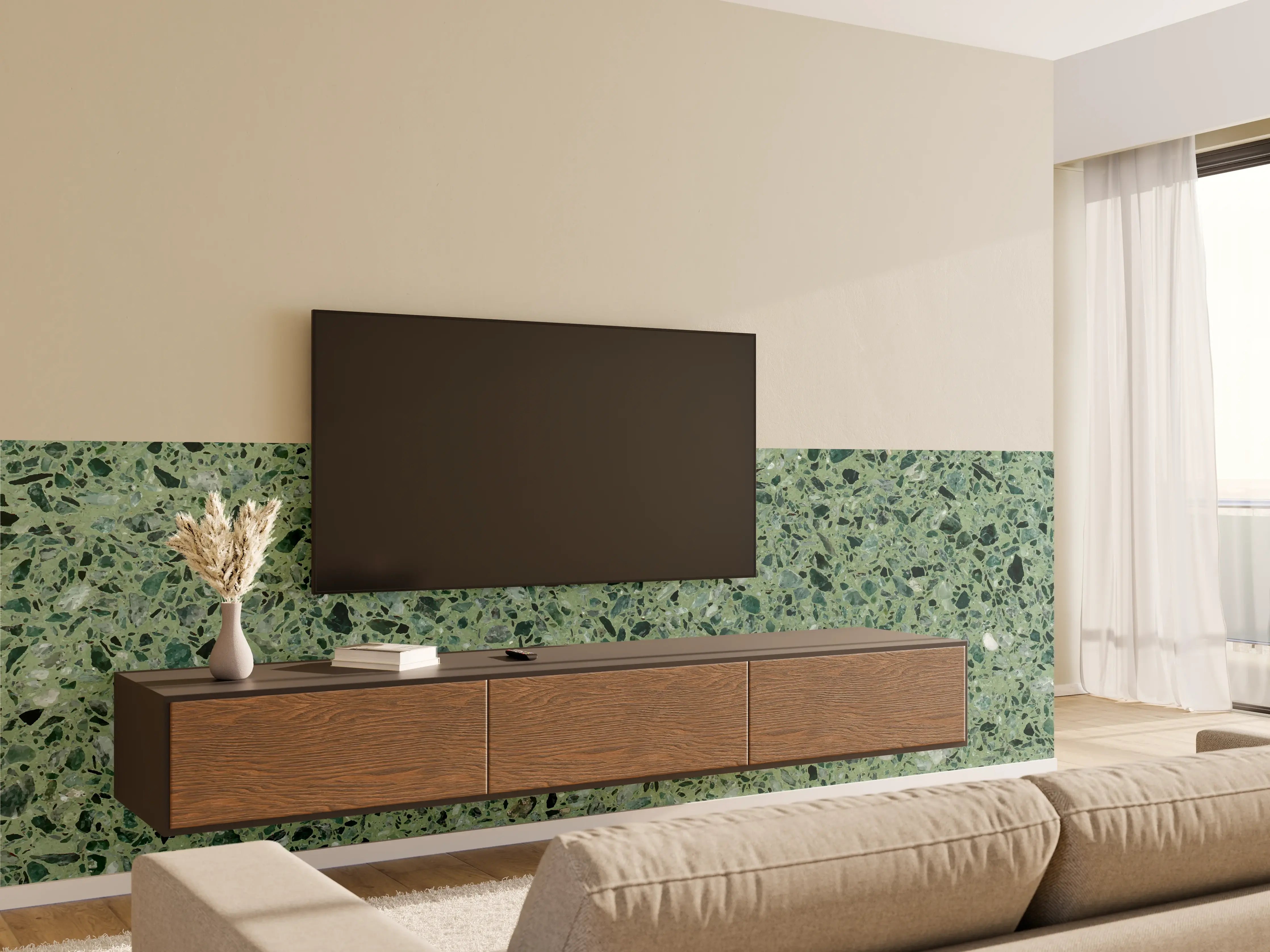 Wandverkleidung Wohnzimmer - Terrazzo Textur auf türkisem Hintergrund