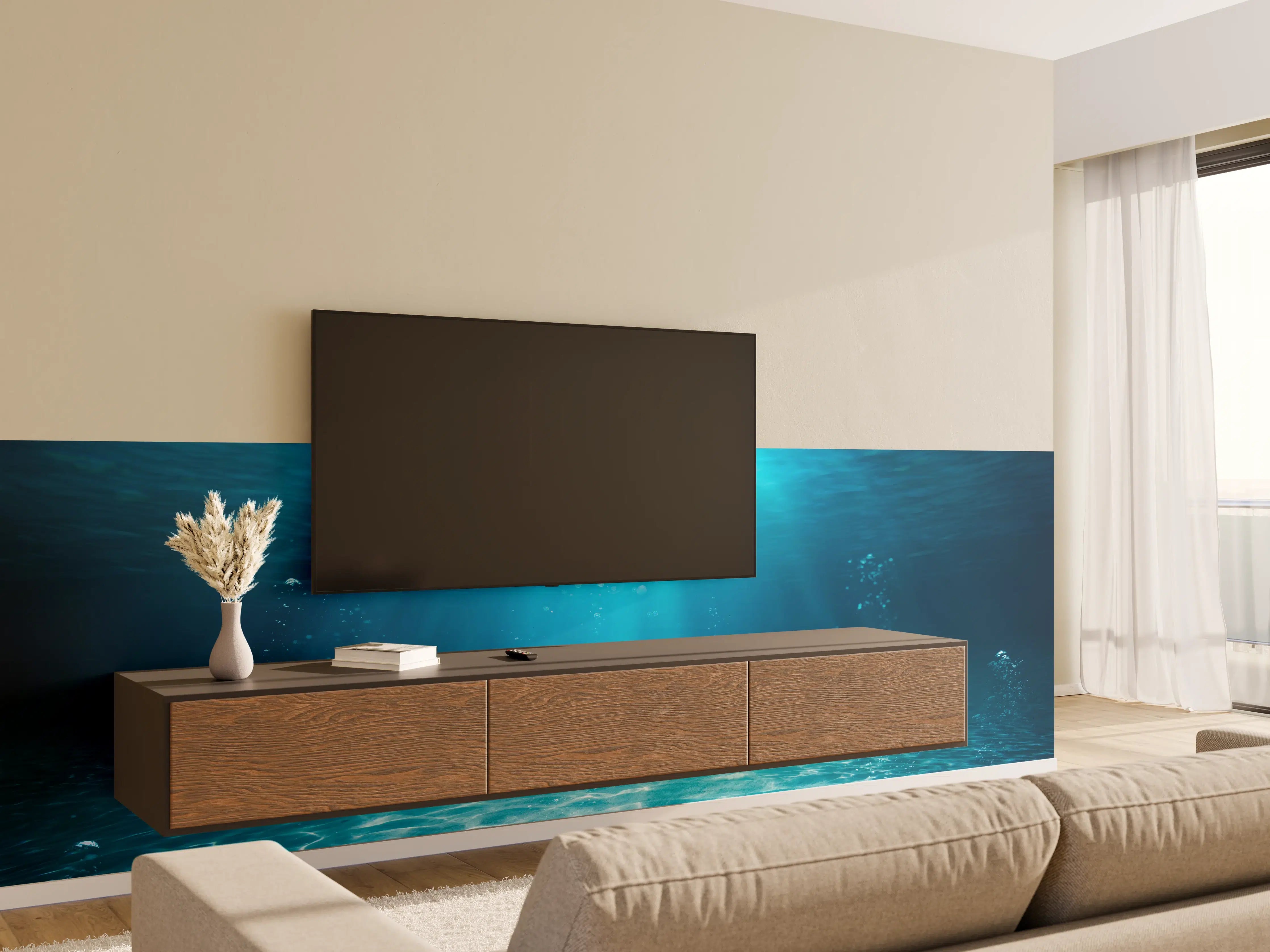 Wandverkleidung Wohnzimmer - Tiefsee-Ozeanlandschaft mit Sonnenstrahlen