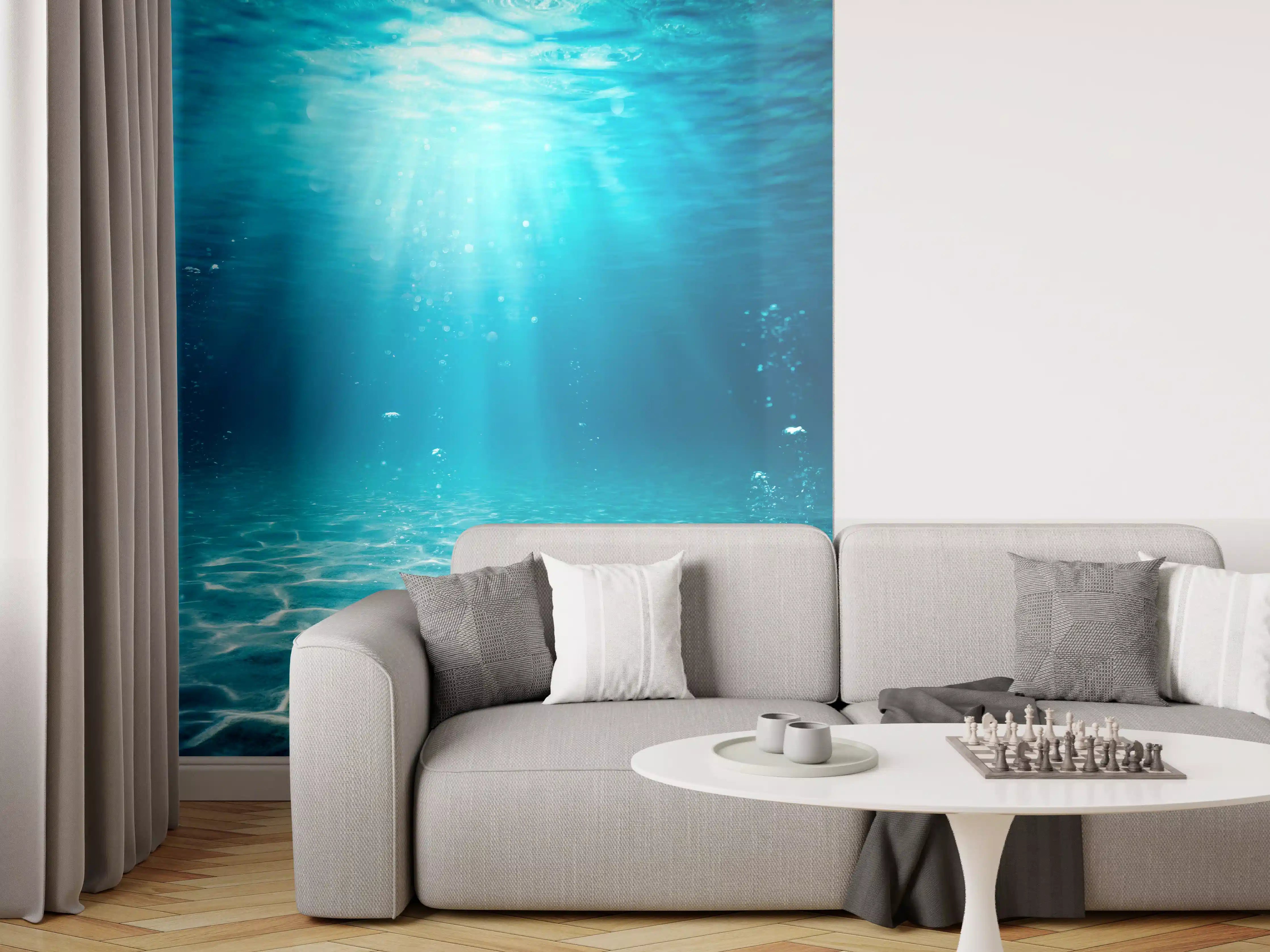Wandverkleidung Wohnzimmer - Tiefsee-Ozeanlandschaft mit Sonnenstrahlen