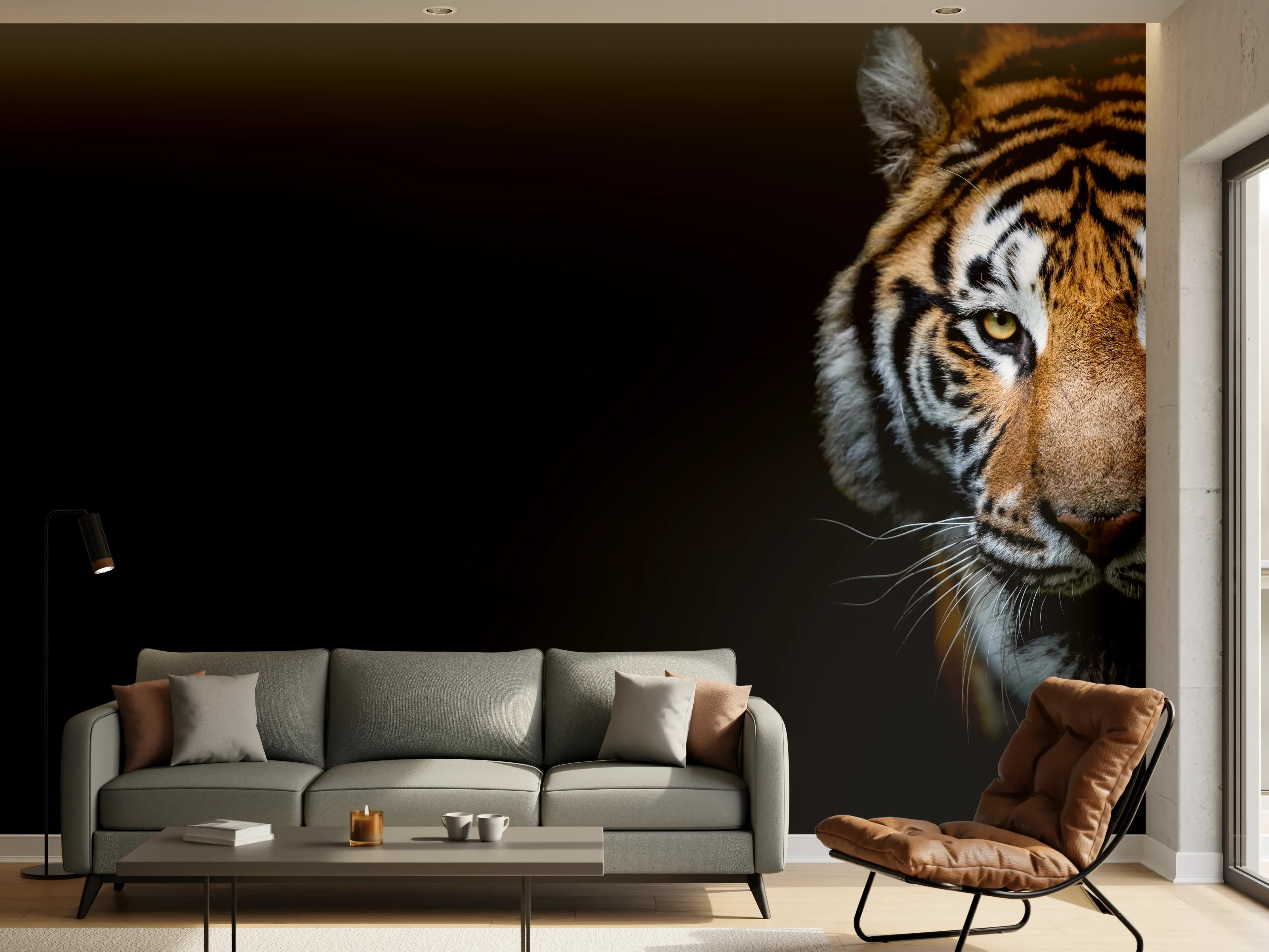 Wandverkleidung Wohnzimmer - Tiger auf schwarzem Hintergrund