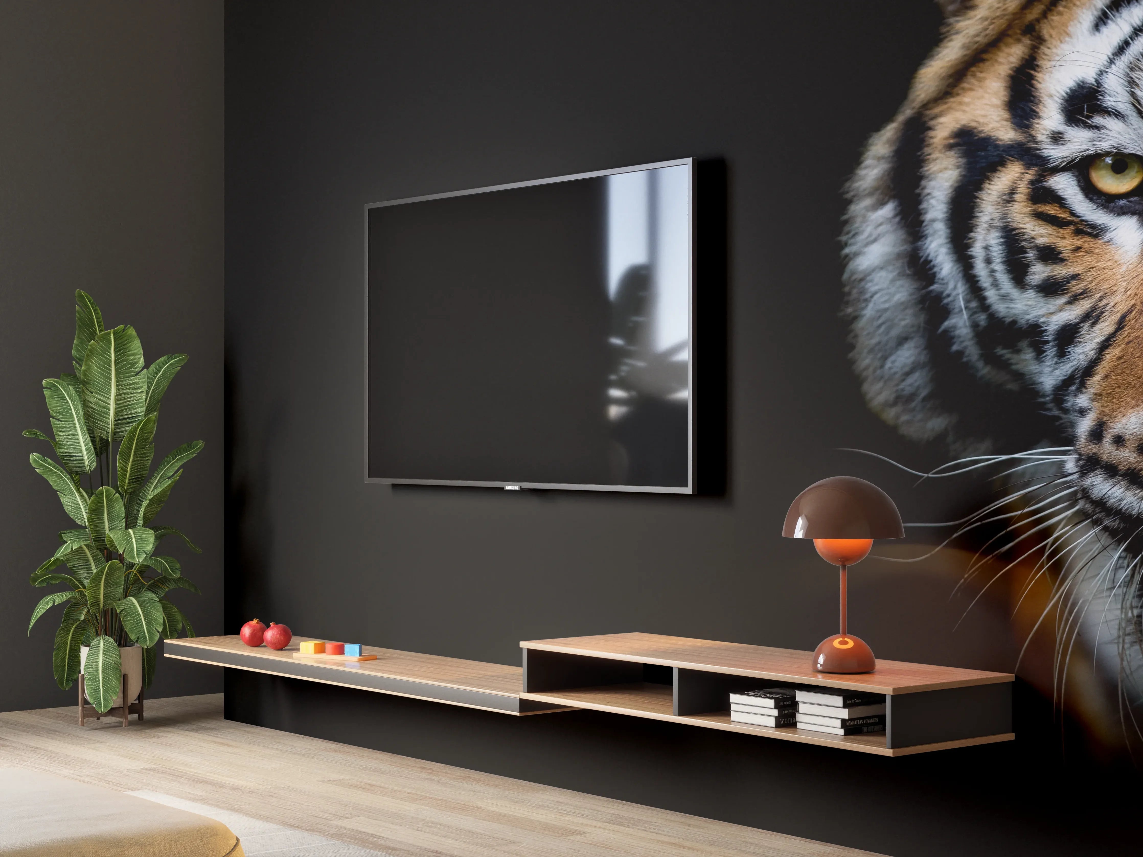 Wandverkleidung Wohnzimmer - Tiger auf schwarzem Hintergrund
