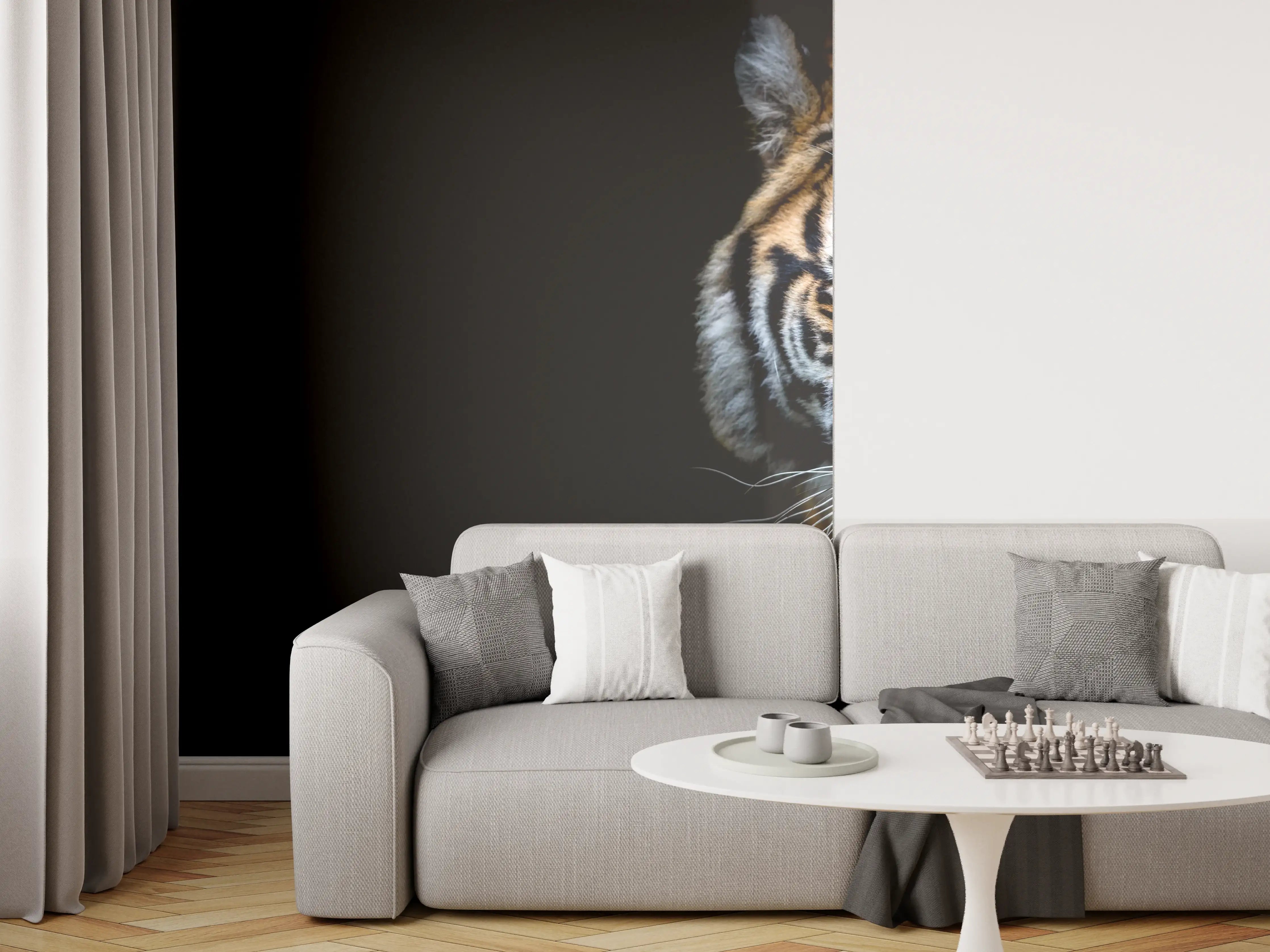 Wandverkleidung Wohnzimmer - Tiger auf schwarzem Hintergrund