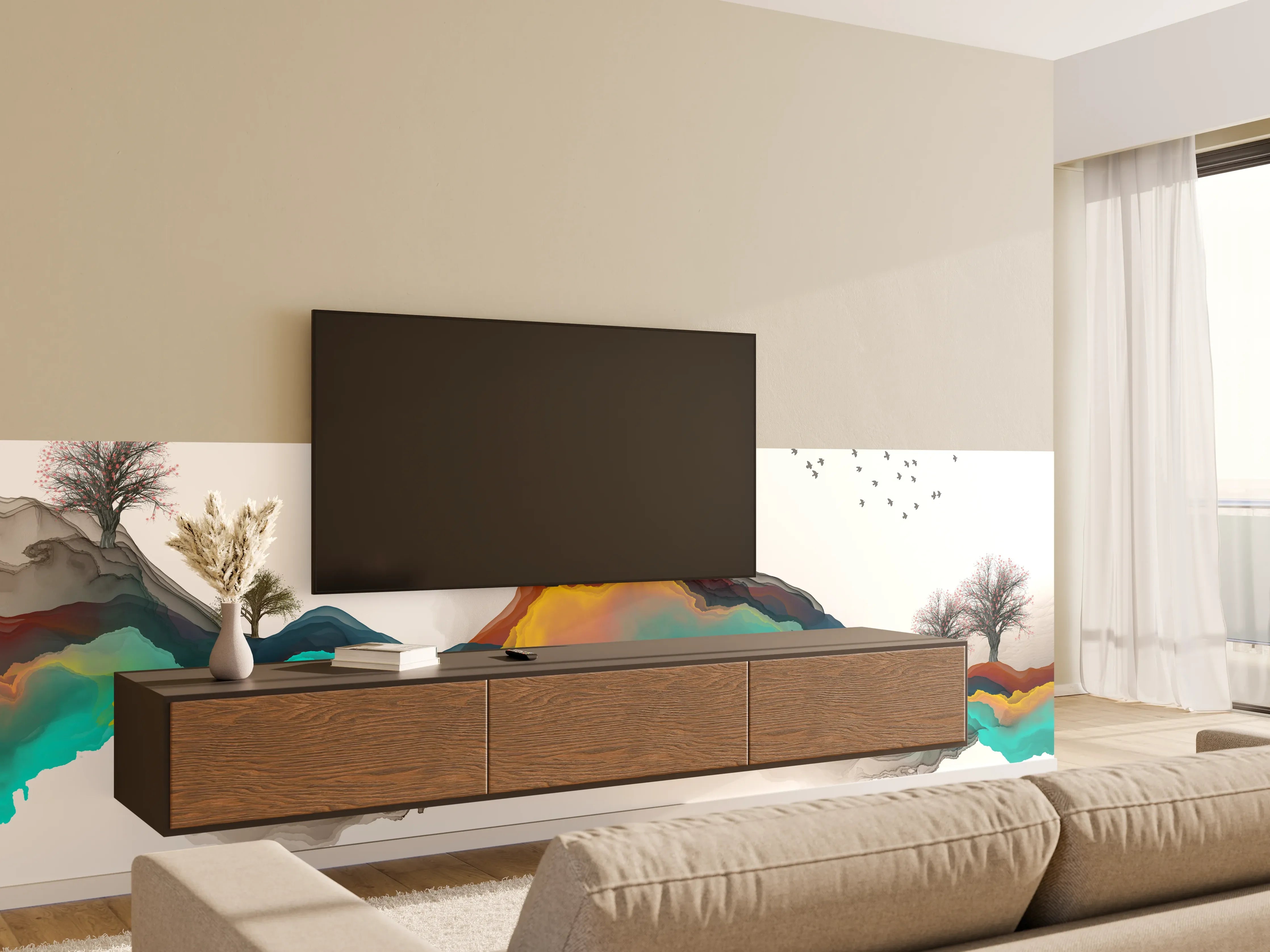 Wandverkleidung Wohnzimmer - Tinte Linie Dekoration Landschaft