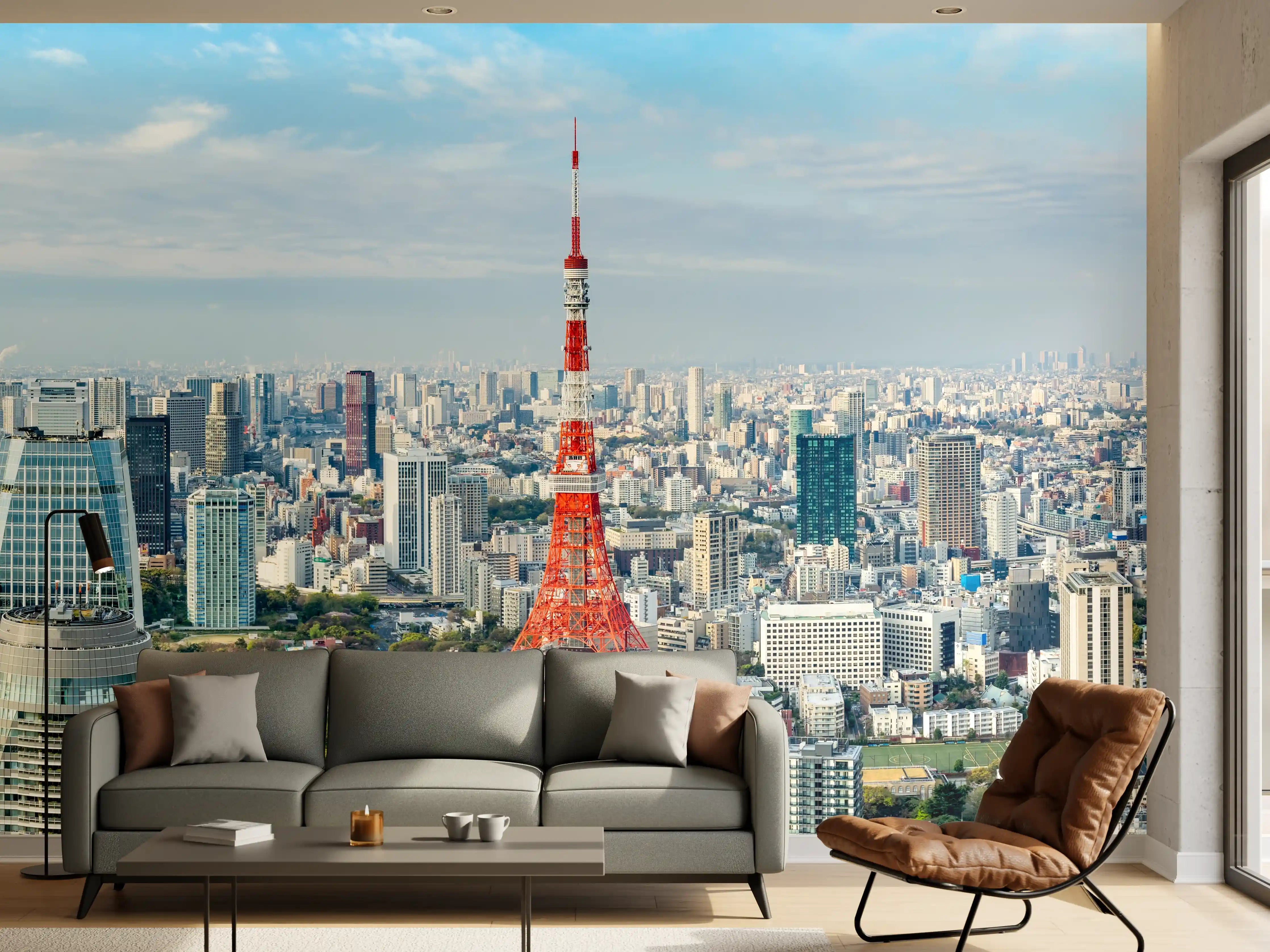 Wandverkleidung Wohnzimmer - Tokio Skyline Rot-Blau