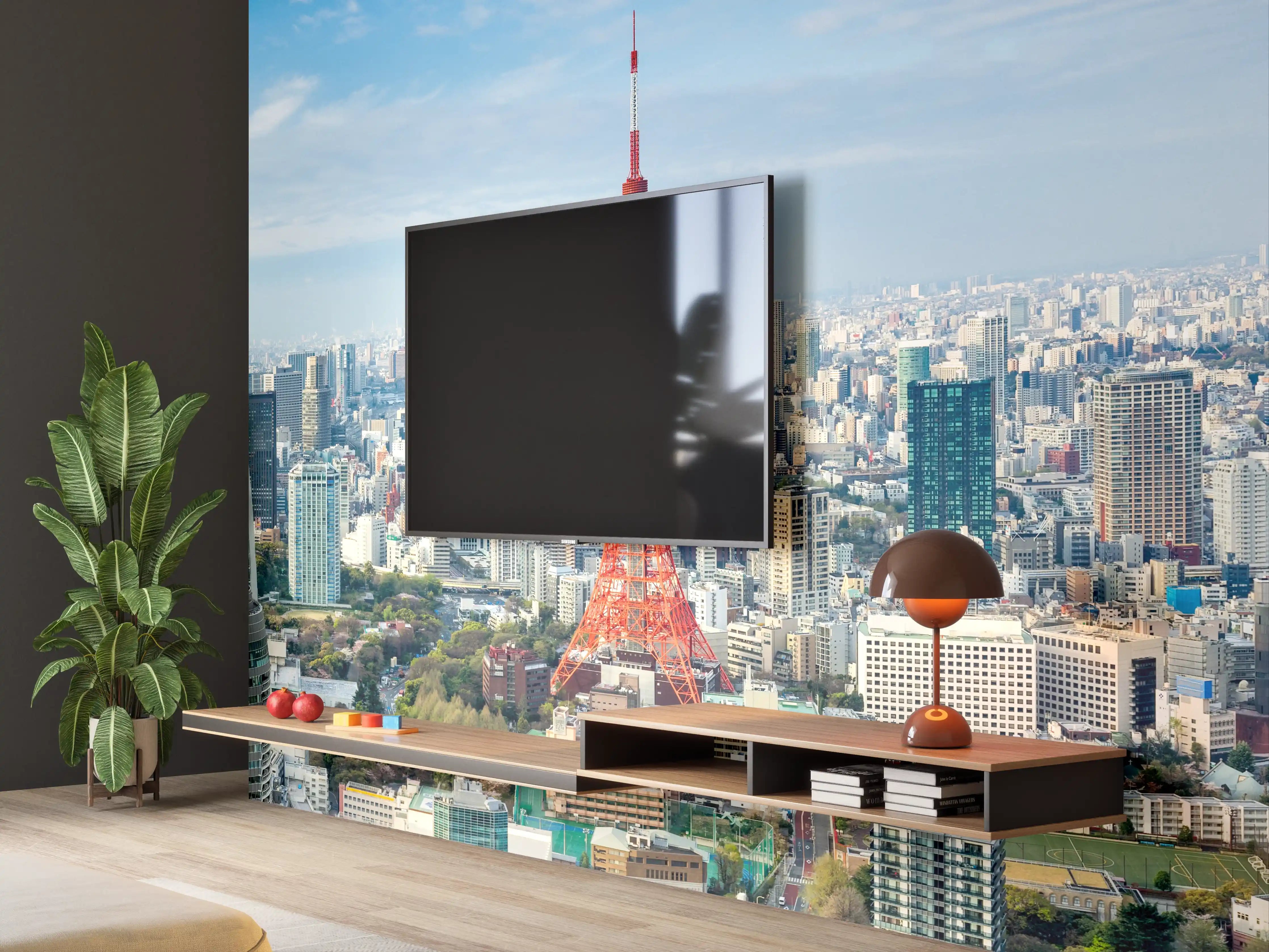 Wandverkleidung Wohnzimmer - Tokio Skyline Rot-Blau