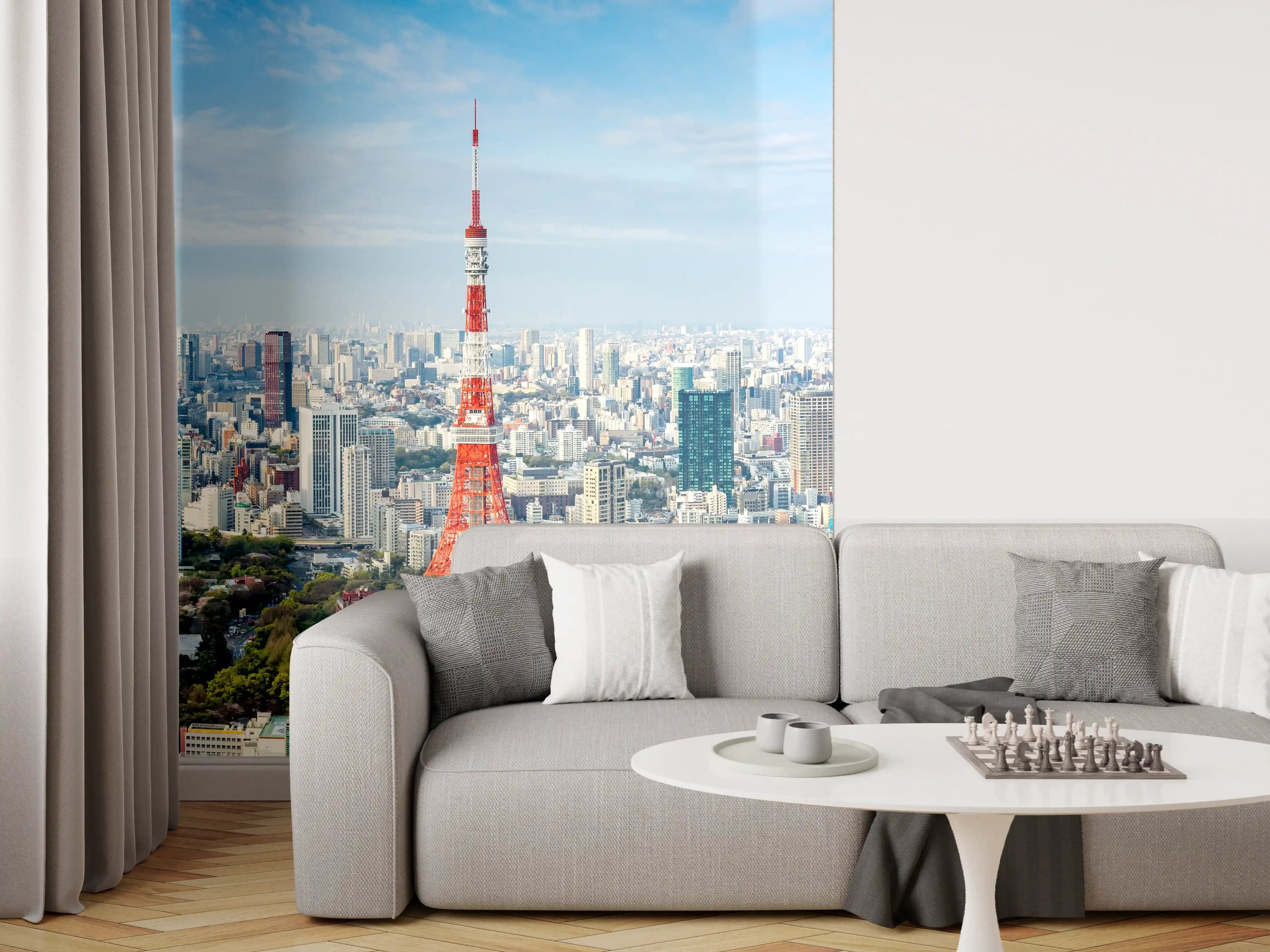 Wandverkleidung Wohnzimmer - Tokio Skyline Rot-Blau
