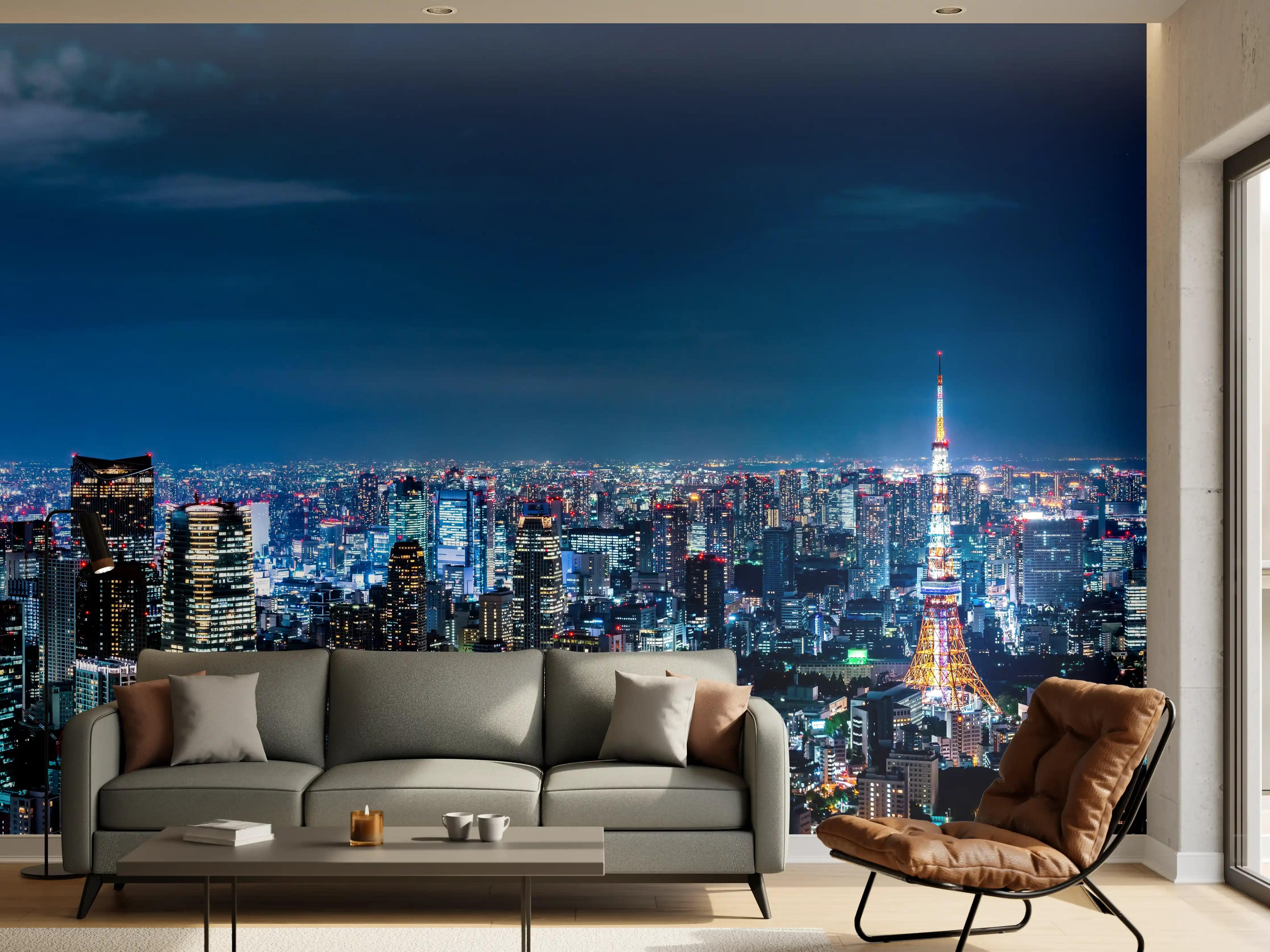 Wandverkleidung Wohnzimmer - Tokio Skyline bei Nacht