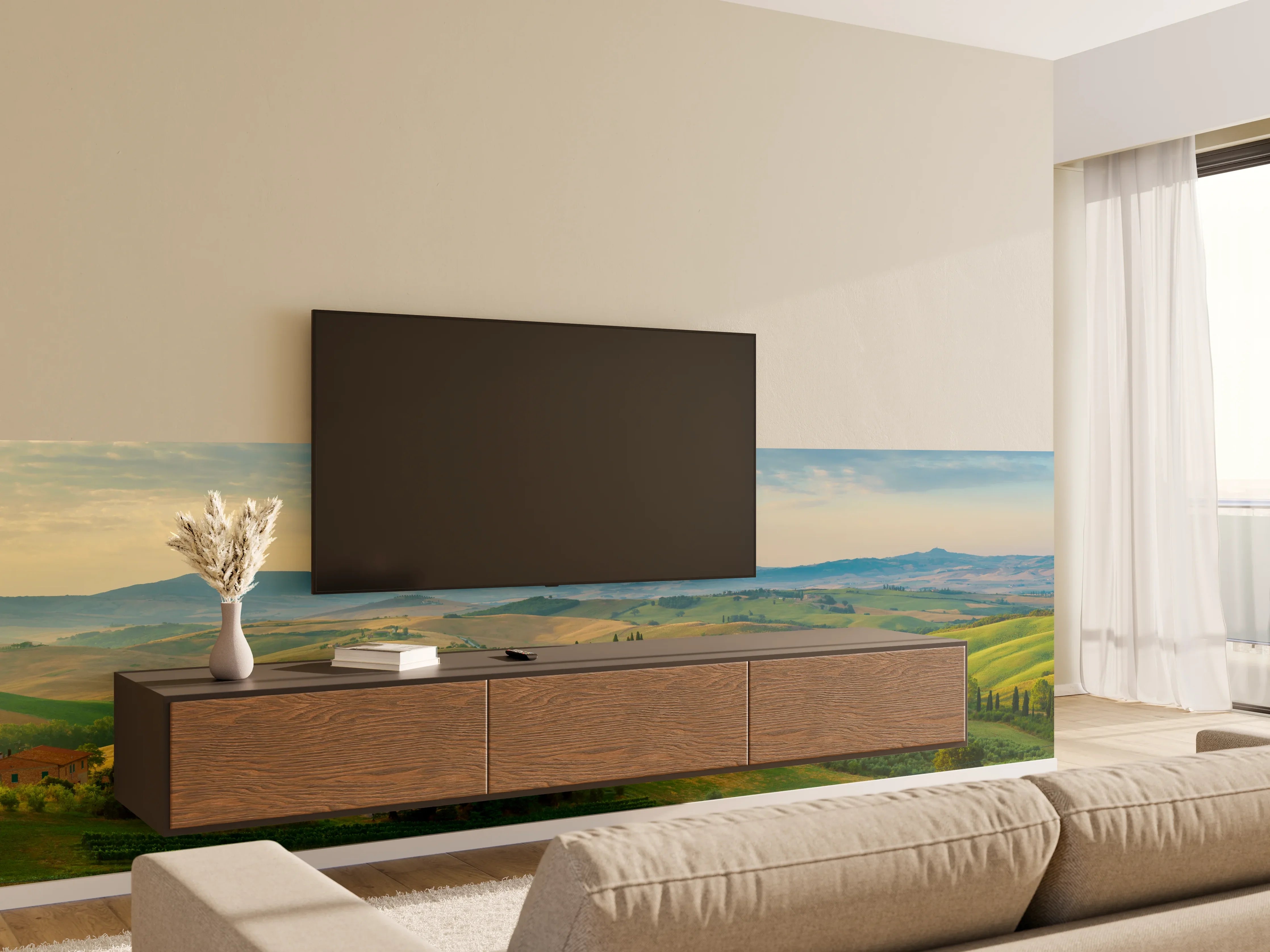 Wandverkleidung Wohnzimmer - Toskana Hügellandschaft Grün-Gold