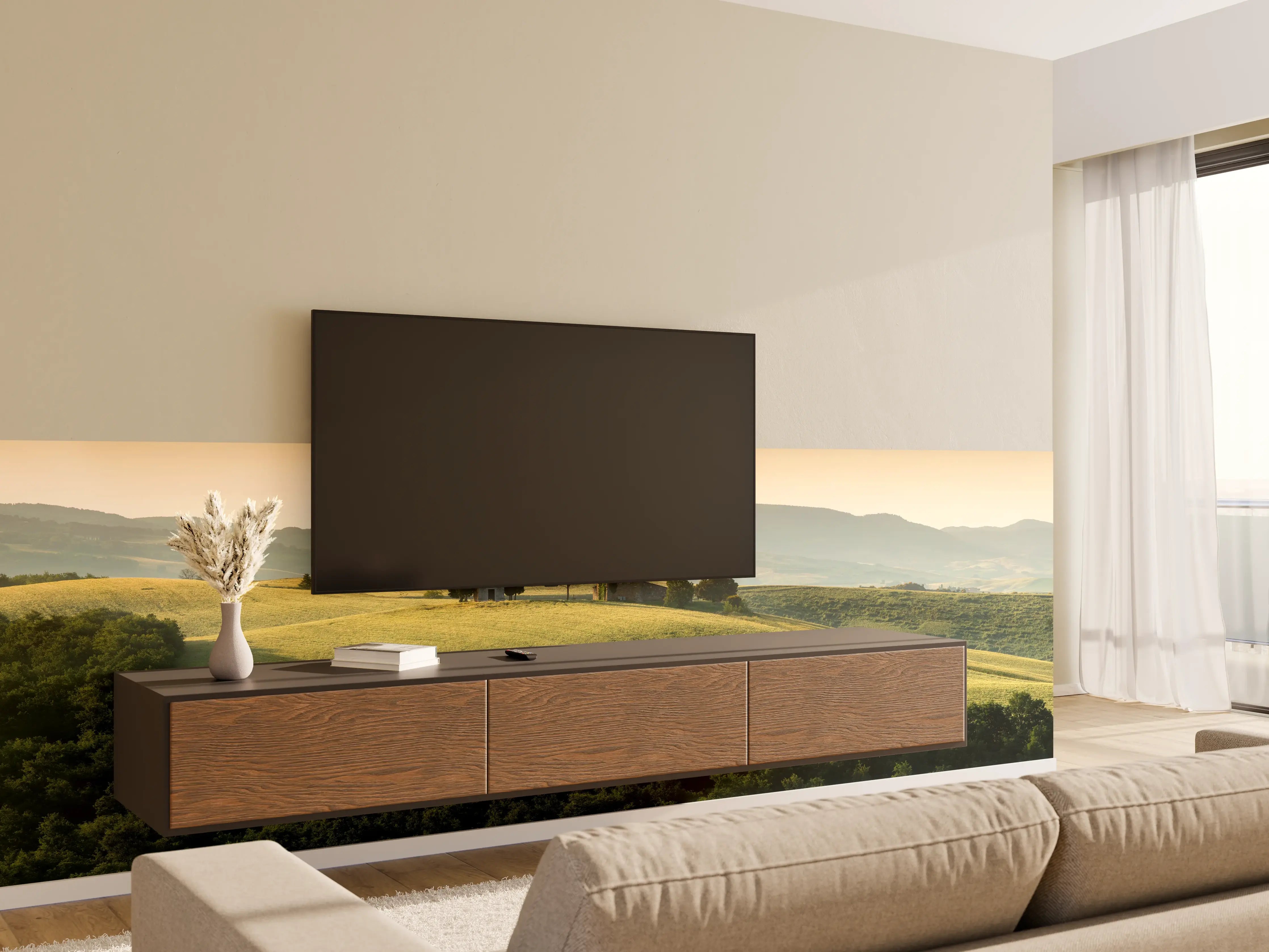 Wandverkleidung Wohnzimmer - Toskanische Hügel in Goldgrün
