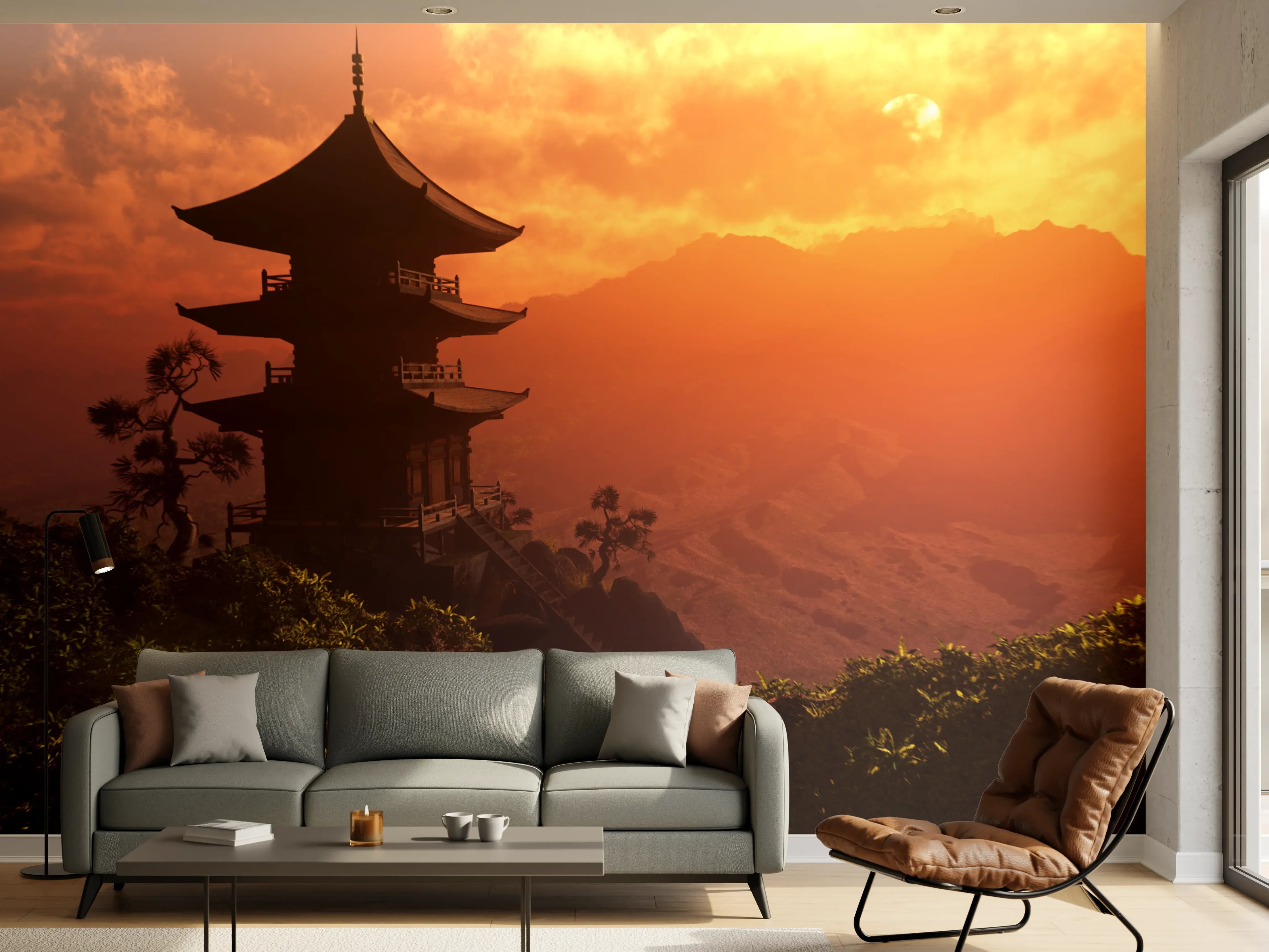 Wandverkleidung Wohnzimmer - Traditionelle Pagode bei Sonnenuntergang
