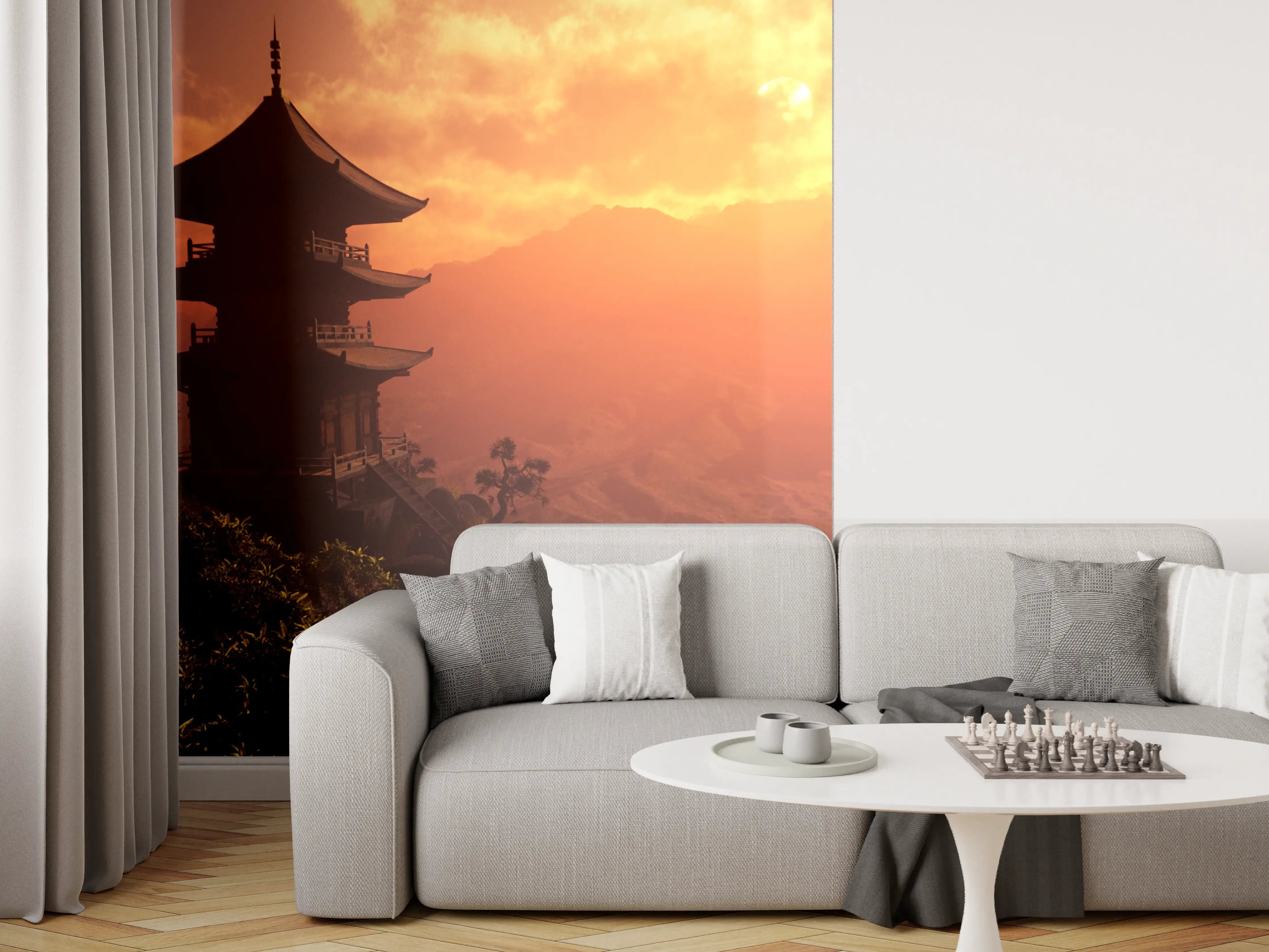 Wandverkleidung Wohnzimmer - Traditionelle Pagode bei Sonnenuntergang