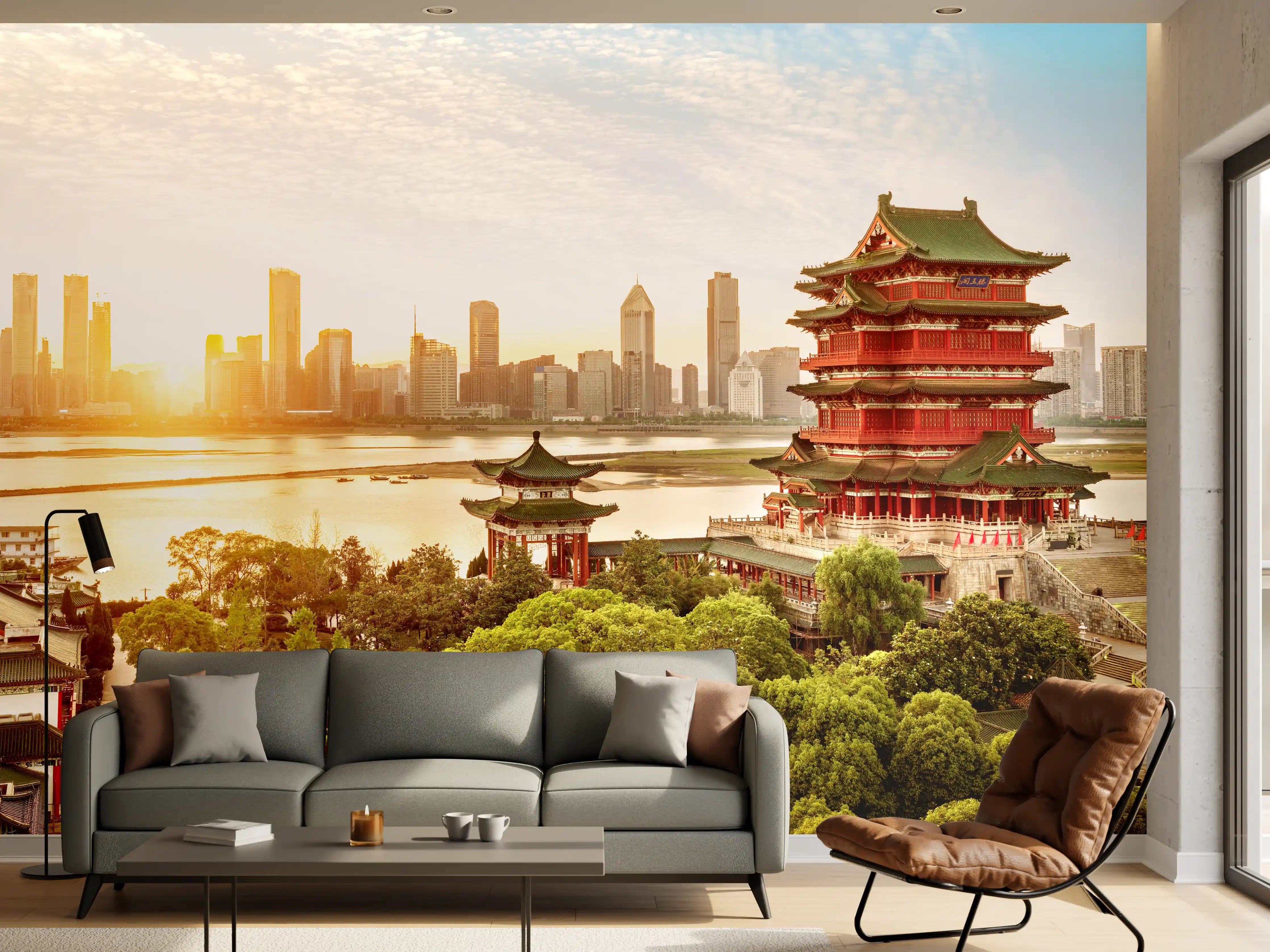 Wandverkleidung Wohnzimmer - Traditionelle chinesische Tempelanlage mit moderner Skyline im Hintergrund