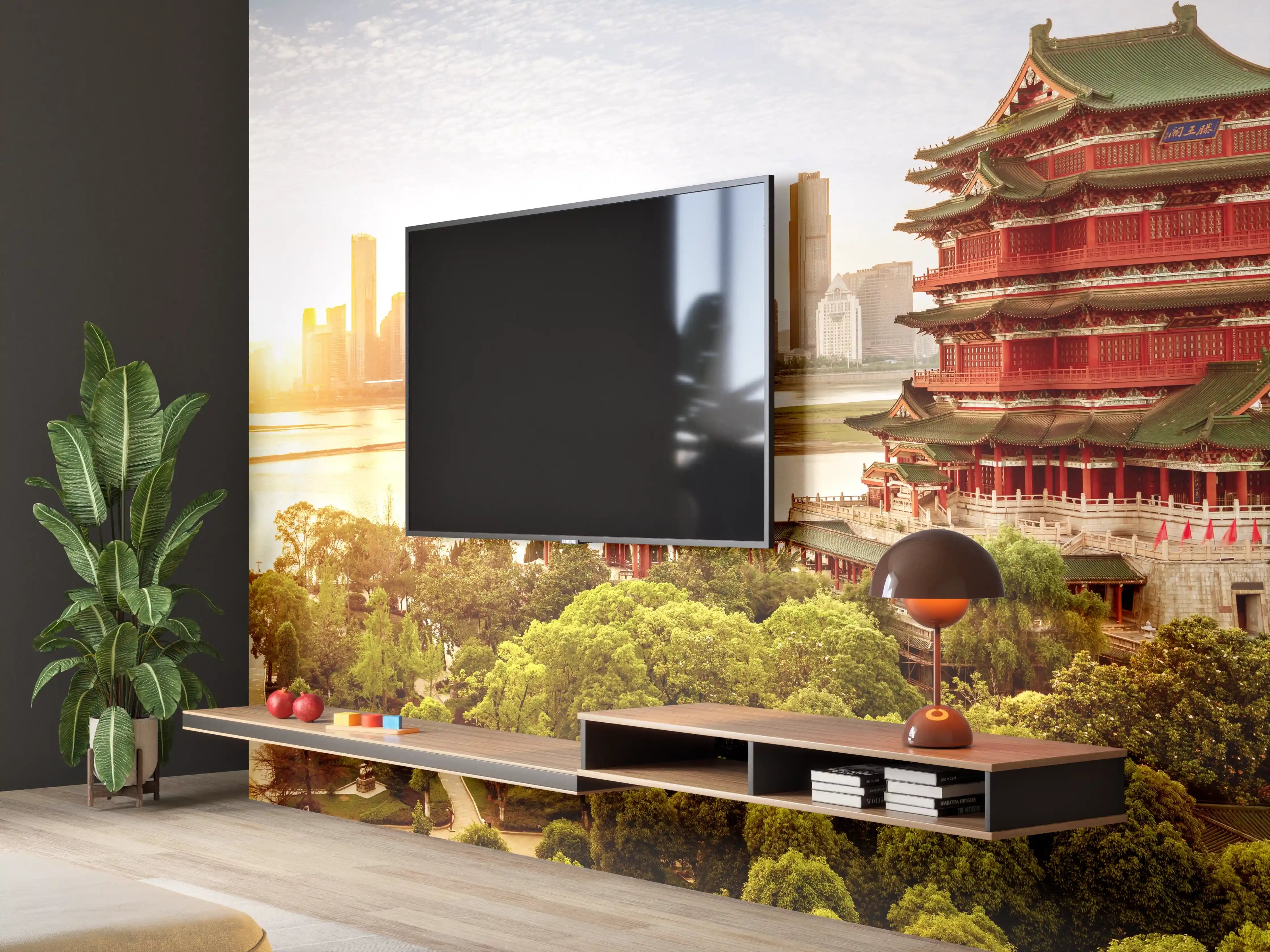 Wandverkleidung Wohnzimmer - Traditionelle chinesische Tempelanlage mit moderner Skyline im Hintergrund